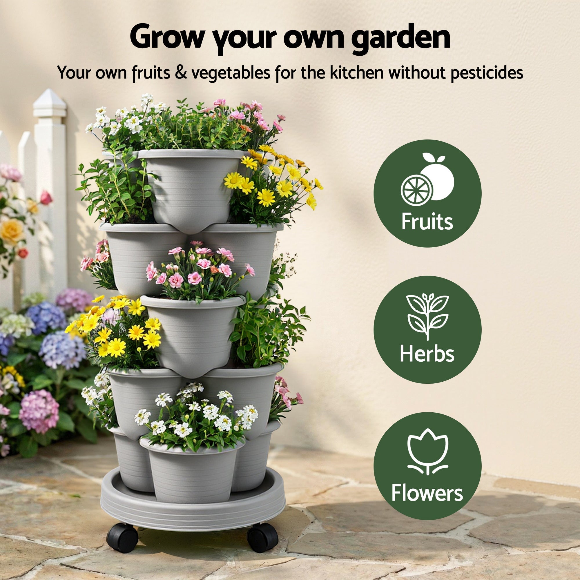 5 Tier Vertical Garden Planter, Stackable Planters with 4 Wheels, Grey, Raised Garden Bed, Garden Tower Indoor Outdoor, Auto Drainage System, for Strawberries, Herbs, Flower, Vegetables - Home & Garden > Artificial Plants > Pots, Planters & Accessories - Rivercity House & Home Co. (ABN 18 642 972 209) - Affordable Modern Furniture Australia