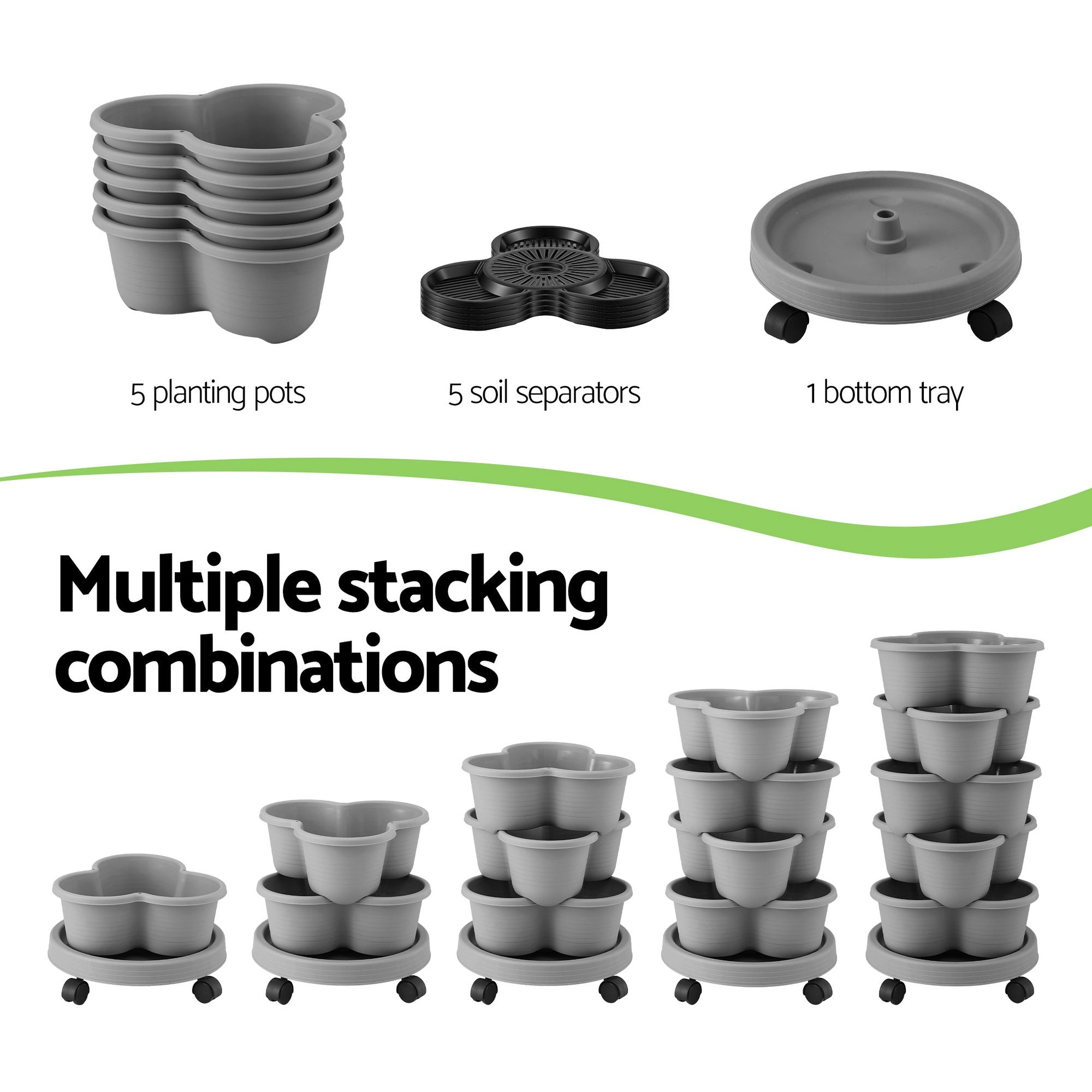 5 Tier Vertical Garden Planter, Stackable Planters with 4 Wheels, Grey, Raised Garden Bed, Garden Tower Indoor Outdoor, Auto Drainage System, for Strawberries, Herbs, Flower, Vegetables - Home & Garden > Artificial Plants > Pots, Planters & Accessories - Rivercity House & Home Co. (ABN 18 642 972 209) - Affordable Modern Furniture Australia