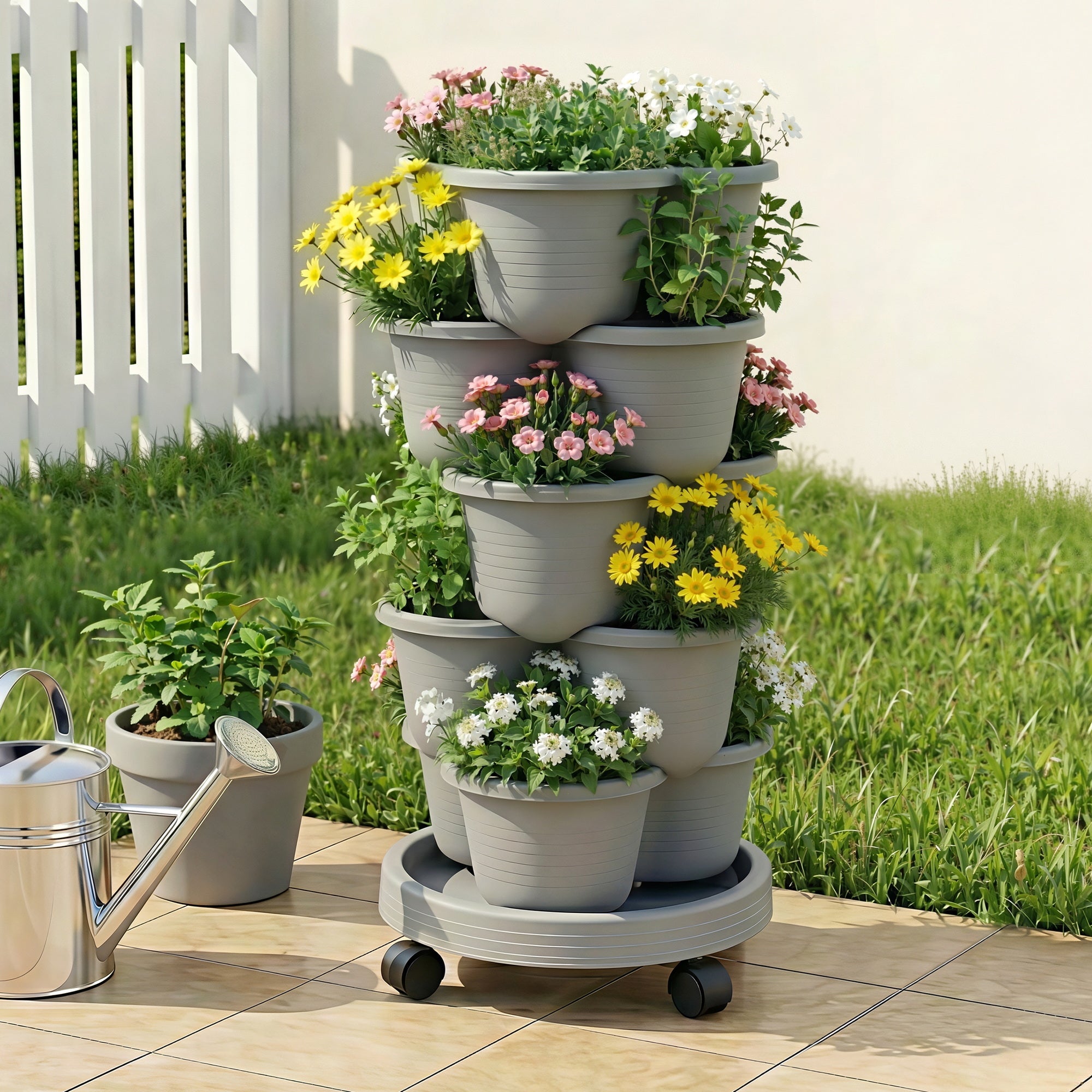 5 Tier Vertical Garden Planter, Stackable Planters with 4 Wheels, Grey, Raised Garden Bed, Garden Tower Indoor Outdoor, Auto Drainage System, for Strawberries, Herbs, Flower, Vegetables - Home & Garden > Artificial Plants > Pots, Planters & Accessories - Rivercity House & Home Co. (ABN 18 642 972 209) - Affordable Modern Furniture Australia