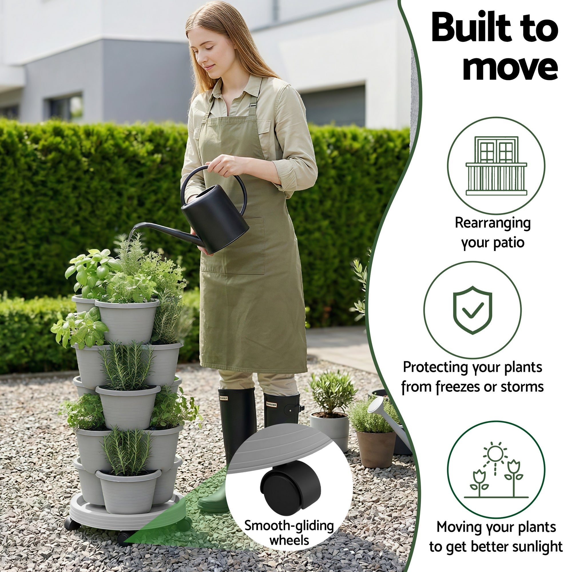 5 Tier Vertical Garden Planter, Stackable Planters with 4 Wheels, Grey, Raised Garden Bed, Garden Tower Indoor Outdoor, Auto Drainage System, for Strawberries, Herbs, Flower, Vegetables - Home & Garden > Artificial Plants > Pots, Planters & Accessories - Rivercity House & Home Co. (ABN 18 642 972 209) - Affordable Modern Furniture Australia