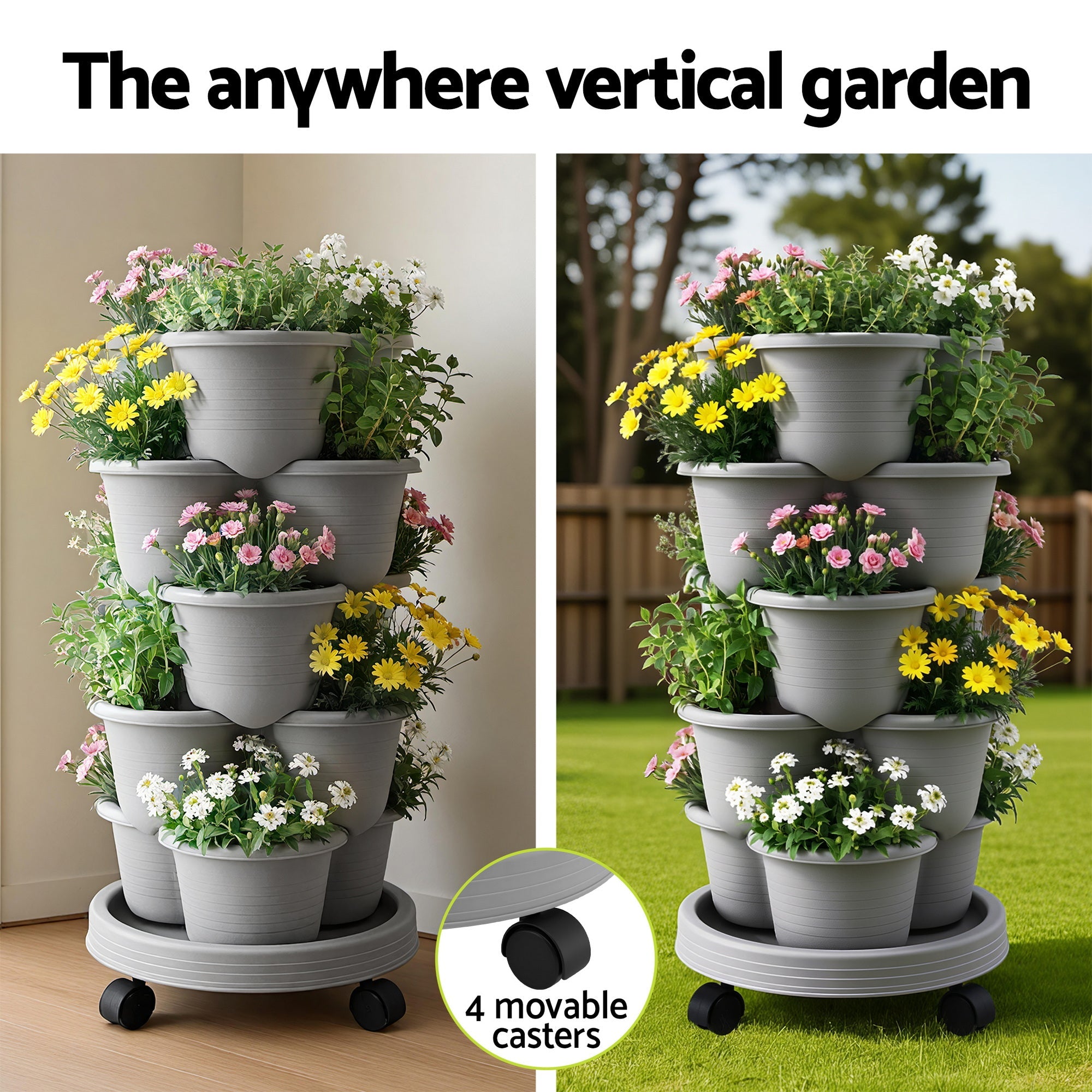 5 Tier Vertical Garden Planter, Stackable Planters with 4 Wheels, Grey, Raised Garden Bed, Garden Tower Indoor Outdoor, Auto Drainage System, for Strawberries, Herbs, Flower, Vegetables - Home & Garden > Artificial Plants > Pots, Planters & Accessories - Rivercity House & Home Co. (ABN 18 642 972 209) - Affordable Modern Furniture Australia