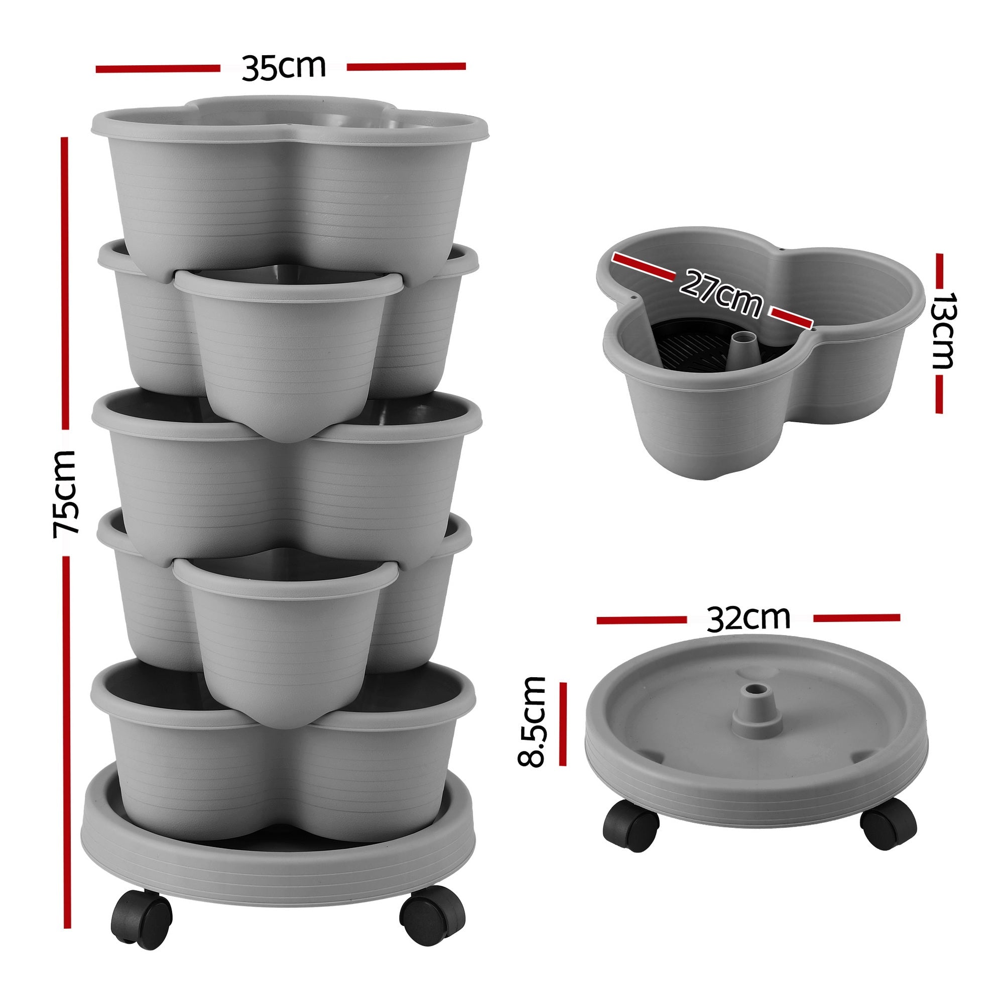 5 Tier Vertical Garden Planter, Stackable Planters with 4 Wheels, Grey, Raised Garden Bed, Garden Tower Indoor Outdoor, Auto Drainage System, for Strawberries, Herbs, Flower, Vegetables - Home & Garden > Artificial Plants > Pots, Planters & Accessories - Rivercity House & Home Co. (ABN 18 642 972 209) - Affordable Modern Furniture Australia