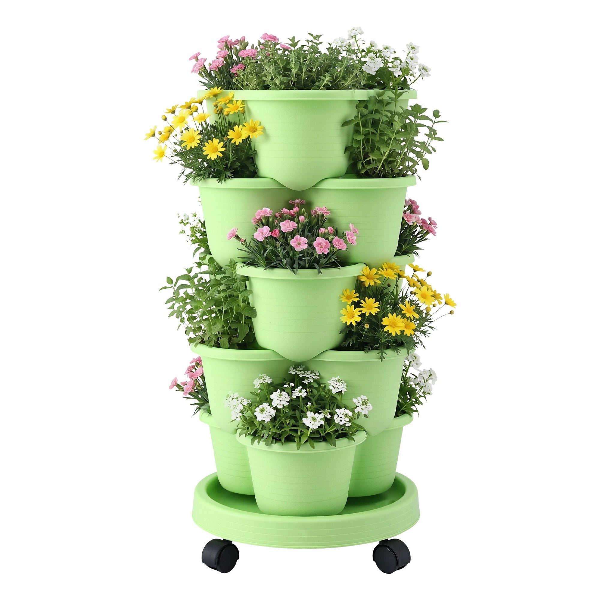 5 Tier Vertical Garden Planter, Stackable Planters with Wheels, Light Green, Garden Bed, Garden Tower Indoor Outdoor, Auto Drainage System, for Strawberries, Herbs, Flowers, Vegetables - Home & Garden > Artificial Plants > Pots, Planters & Accessories - Rivercity House & Home Co. (ABN 18 642 972 209) - Affordable Modern Furniture Australia