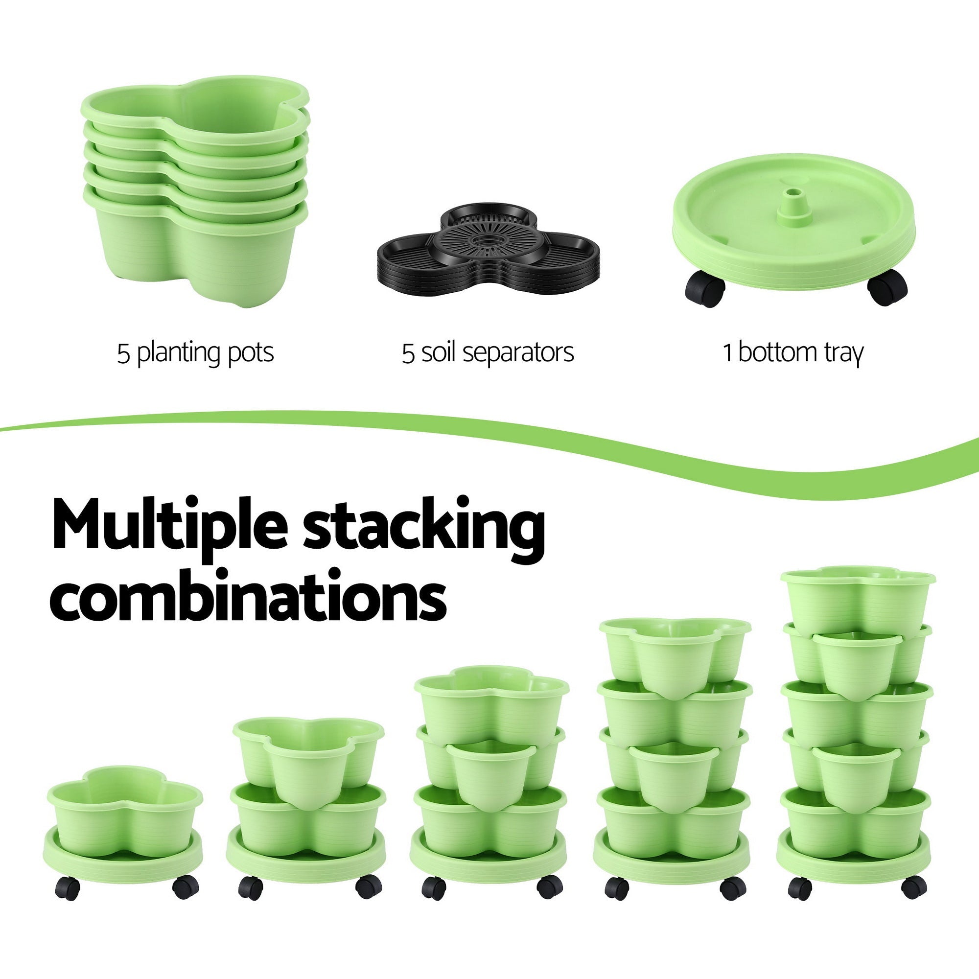 5 Tier Vertical Garden Planter, Stackable Planters with Wheels, Light Green, Garden Bed, Garden Tower Indoor Outdoor, Auto Drainage System, for Strawberries, Herbs, Flowers, Vegetables - Home & Garden > Artificial Plants > Pots, Planters & Accessories - Rivercity House & Home Co. (ABN 18 642 972 209) - Affordable Modern Furniture Australia