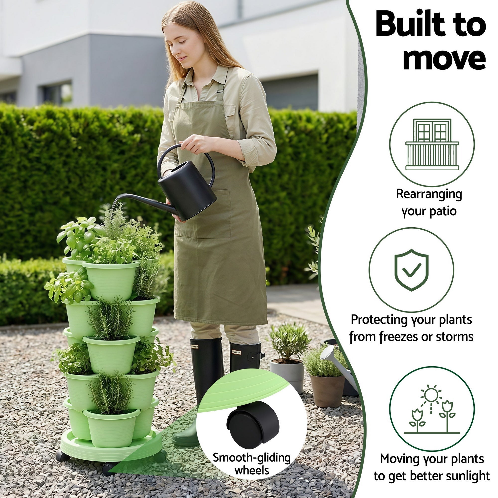 5 Tier Vertical Garden Planter, Stackable Planters with Wheels, Light Green, Garden Bed, Garden Tower Indoor Outdoor, Auto Drainage System, for Strawberries, Herbs, Flowers, Vegetables - Home & Garden > Artificial Plants > Pots, Planters & Accessories - Rivercity House & Home Co. (ABN 18 642 972 209) - Affordable Modern Furniture Australia