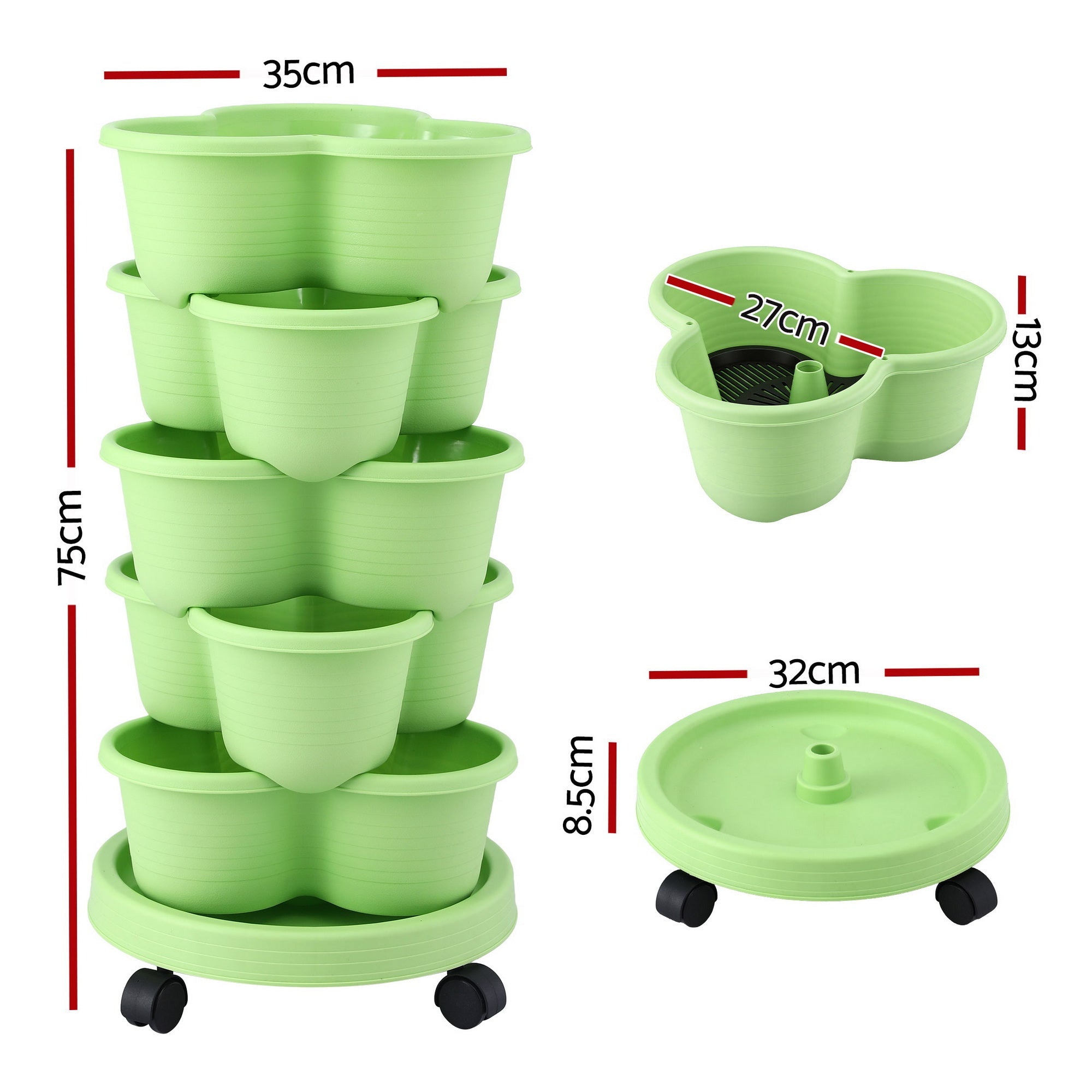 5 Tier Vertical Garden Planter, Stackable Planters with Wheels, Light Green, Garden Bed, Garden Tower Indoor Outdoor, Auto Drainage System, for Strawberries, Herbs, Flowers, Vegetables - Home & Garden > Artificial Plants > Pots, Planters & Accessories - Rivercity House & Home Co. (ABN 18 642 972 209) - Affordable Modern Furniture Australia