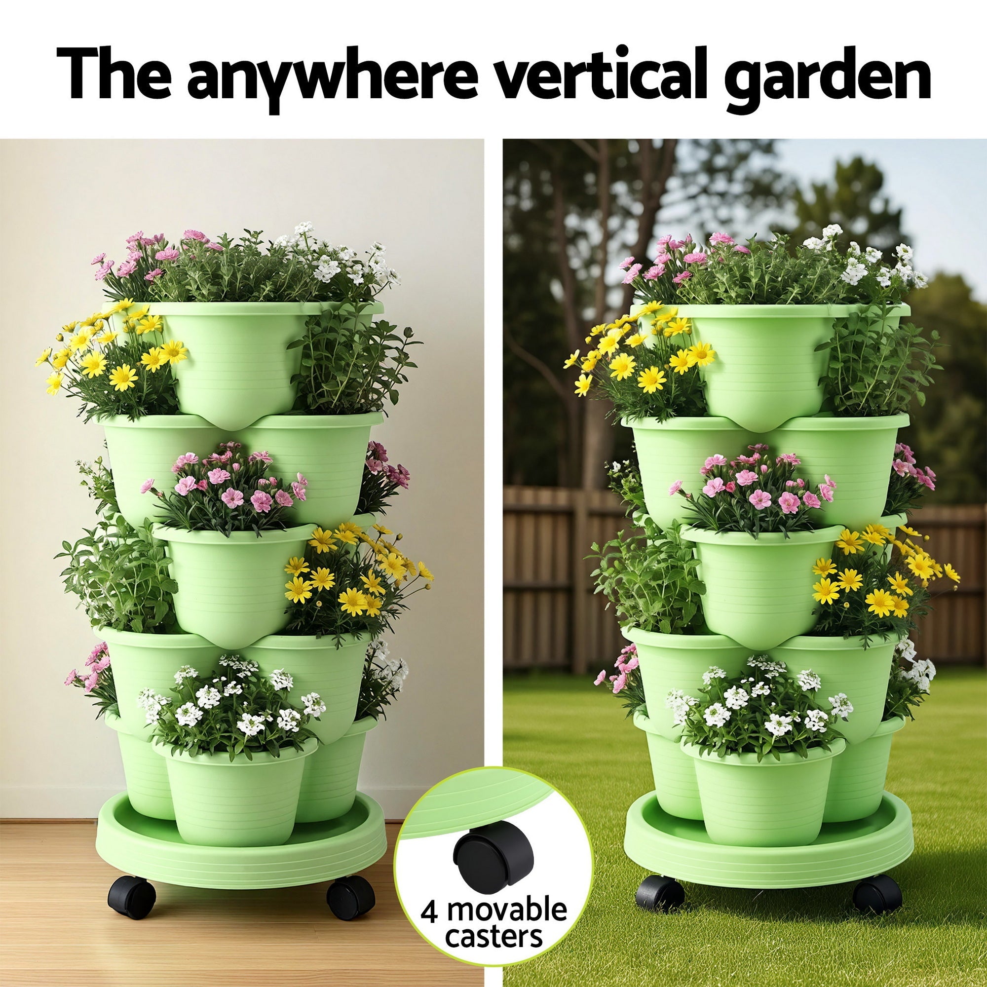 5 Tier Vertical Garden Planter, Stackable Planters with Wheels, Light Green, Garden Bed, Garden Tower Indoor Outdoor, Auto Drainage System, for Strawberries, Herbs, Flowers, Vegetables - Home & Garden > Artificial Plants > Pots, Planters & Accessories - Rivercity House & Home Co. (ABN 18 642 972 209) - Affordable Modern Furniture Australia