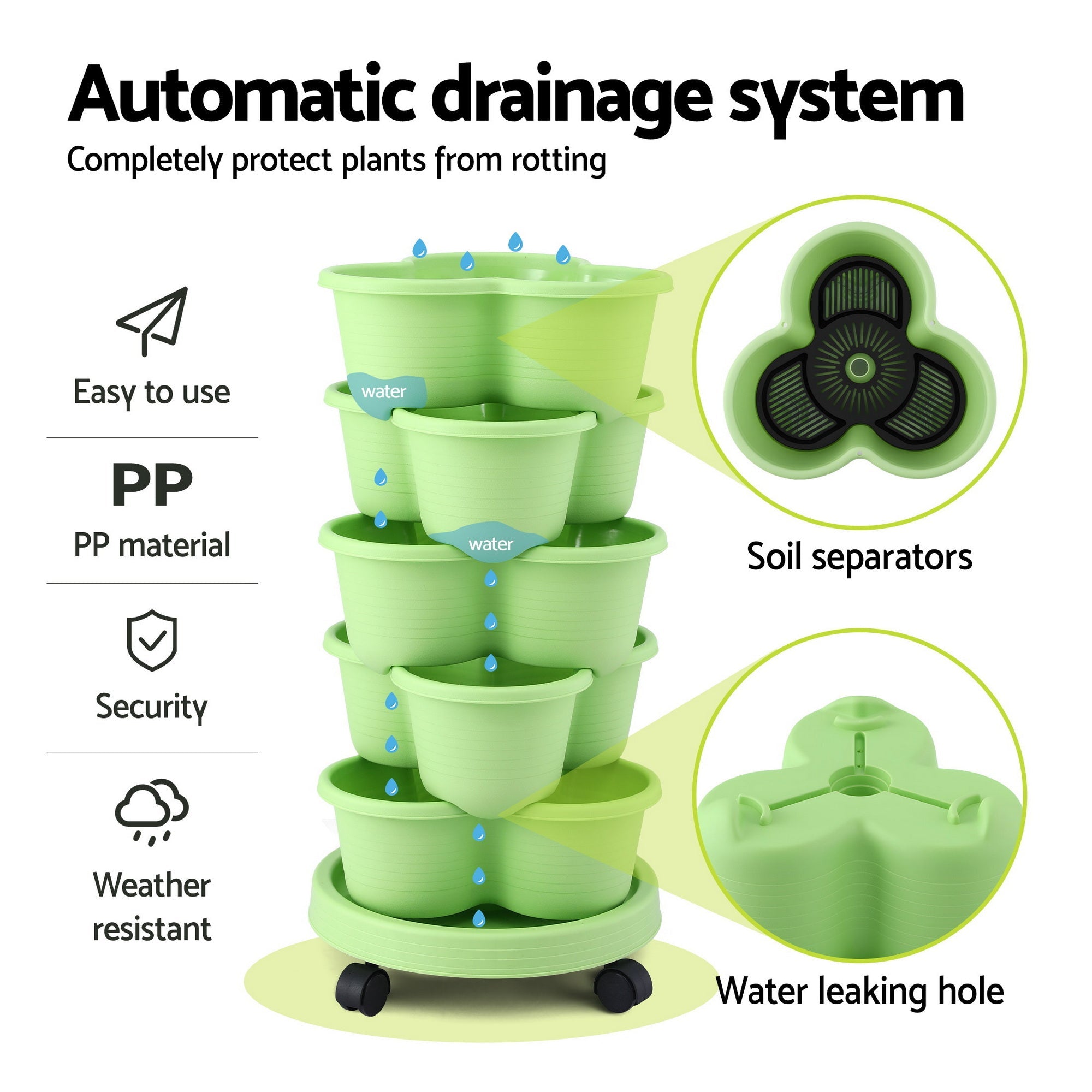 5 Tier Vertical Garden Planter, Stackable Planters with Wheels, Light Green, Garden Bed, Garden Tower Indoor Outdoor, Auto Drainage System, for Strawberries, Herbs, Flowers, Vegetables - Home & Garden > Artificial Plants > Pots, Planters & Accessories - Rivercity House & Home Co. (ABN 18 642 972 209) - Affordable Modern Furniture Australia