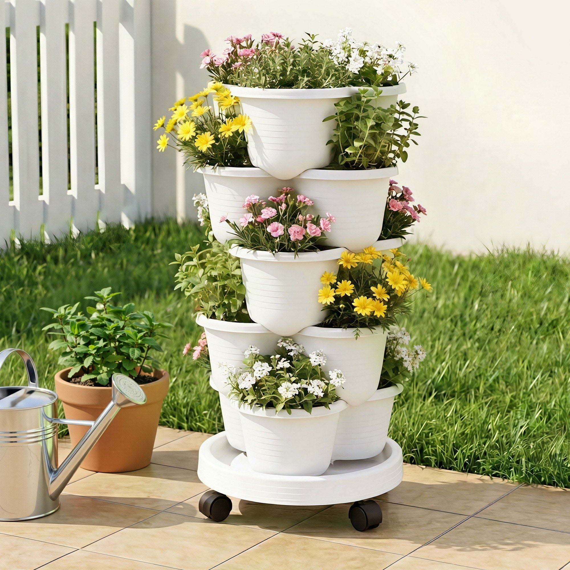 5 Tier Vertical Garden Planter, Stackable Planters with Wheels, White, Garden Bed, Garden Tower Indoor Outdoor, Auto Drainage System, for Strawberries, Herbs, Flowers, Vegetables - Home & Garden > Artificial Plants > Pots, Planters & Accessories - Rivercity House & Home Co. (ABN 18 642 972 209) - Affordable Modern Furniture Australia