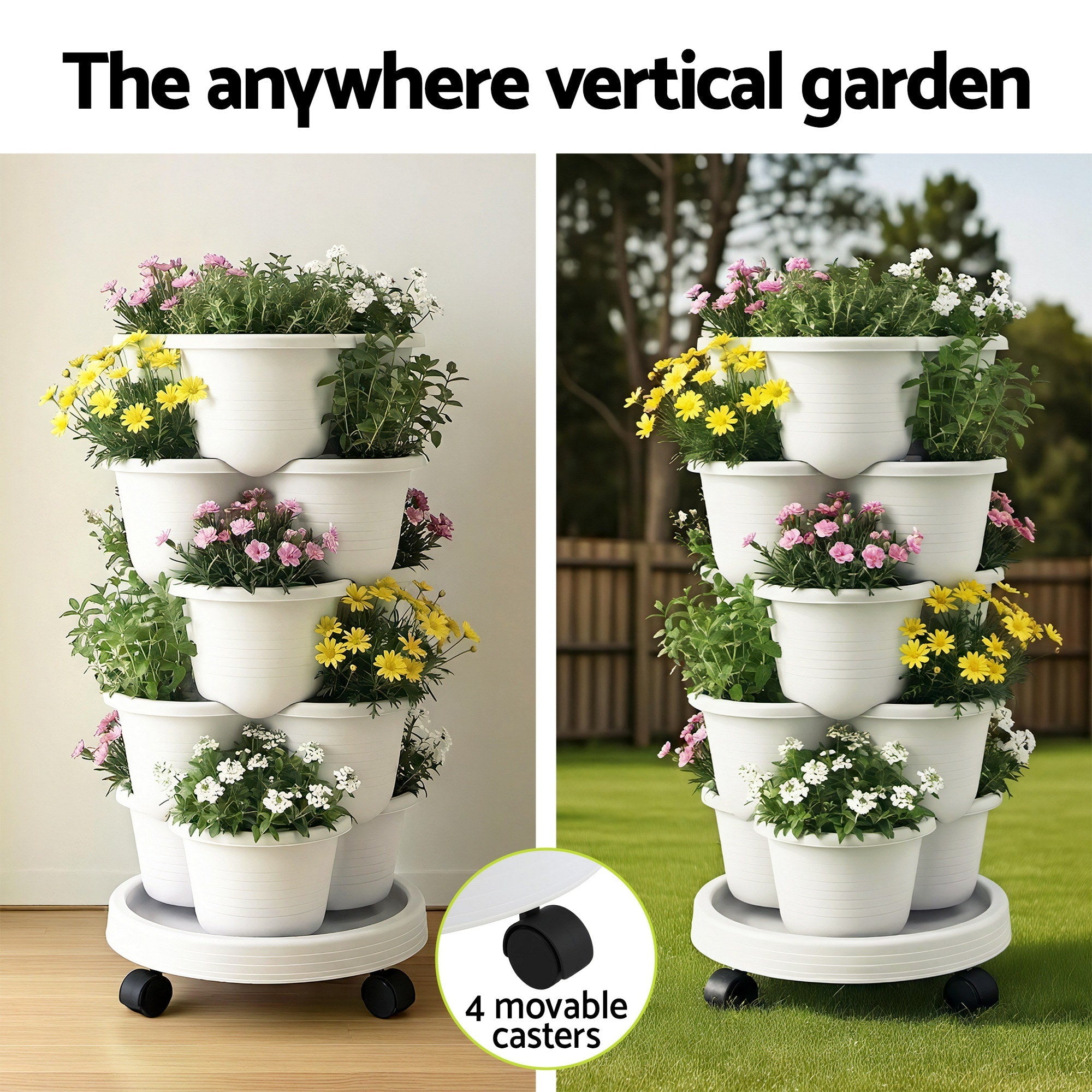 5 Tier Vertical Garden Planter, Stackable Planters with Wheels, White, Garden Bed, Garden Tower Indoor Outdoor, Auto Drainage System, for Strawberries, Herbs, Flowers, Vegetables - Home & Garden > Artificial Plants > Pots, Planters & Accessories - Rivercity House & Home Co. (ABN 18 642 972 209) - Affordable Modern Furniture Australia
