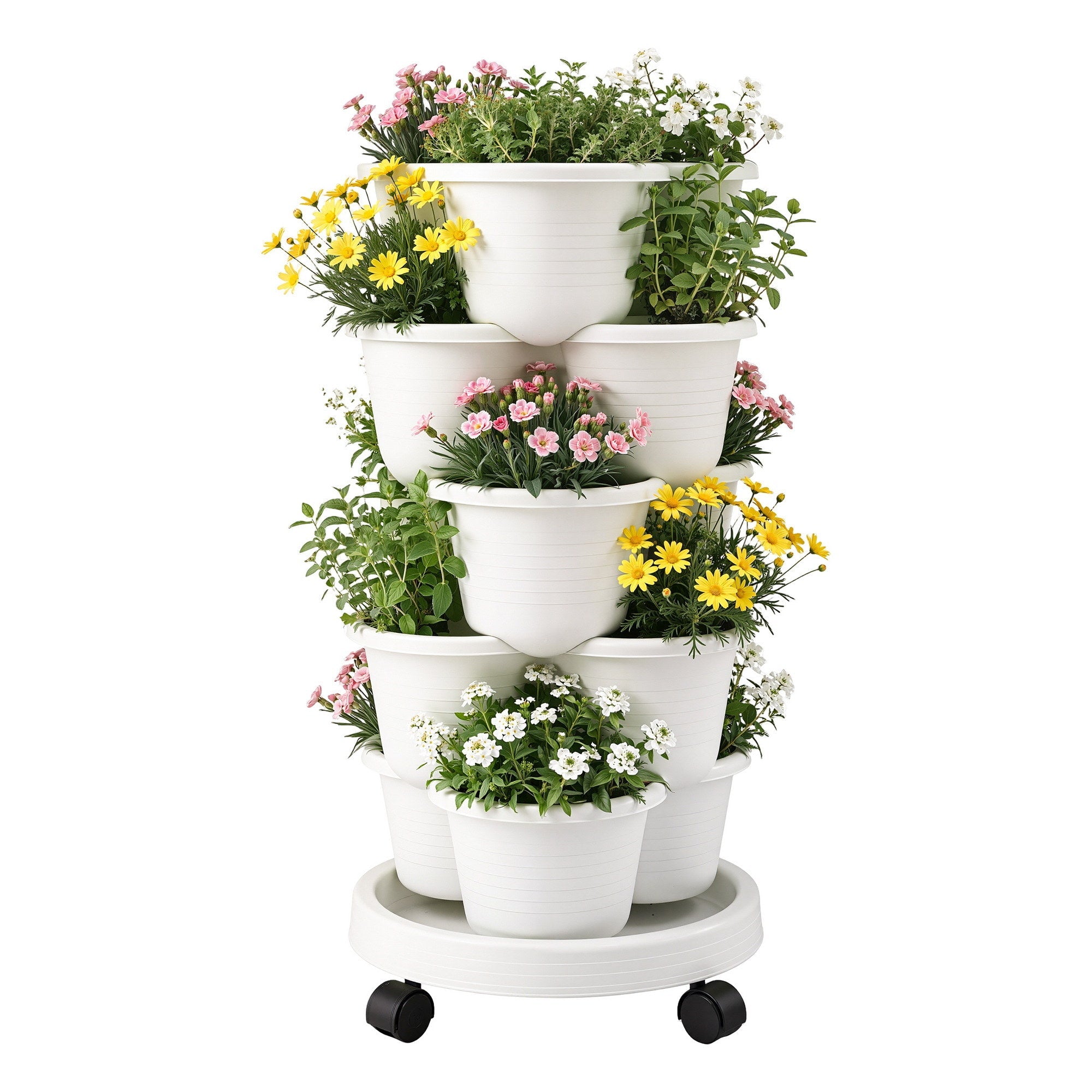 5 Tier Vertical Garden Planter, Stackable Planters with Wheels, White, Garden Bed, Garden Tower Indoor Outdoor, Auto Drainage System, for Strawberries, Herbs, Flowers, Vegetables - Home & Garden > Artificial Plants > Pots, Planters & Accessories - Rivercity House & Home Co. (ABN 18 642 972 209) - Affordable Modern Furniture Australia