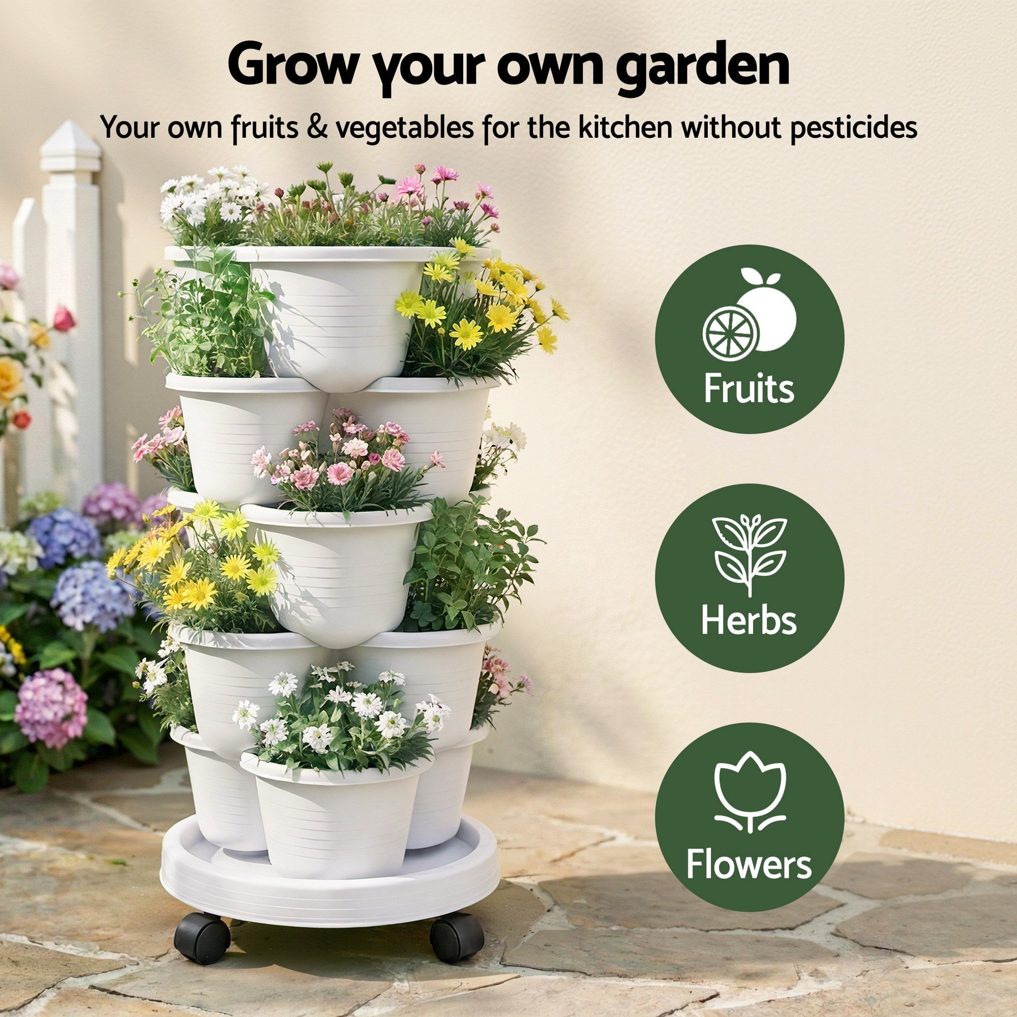 5 Tier Vertical Garden Planter, Stackable Planters with Wheels, White, Garden Bed, Garden Tower Indoor Outdoor, Auto Drainage System, for Strawberries, Herbs, Flowers, Vegetables - Home & Garden > Artificial Plants > Pots, Planters & Accessories - Rivercity House & Home Co. (ABN 18 642 972 209) - Affordable Modern Furniture Australia