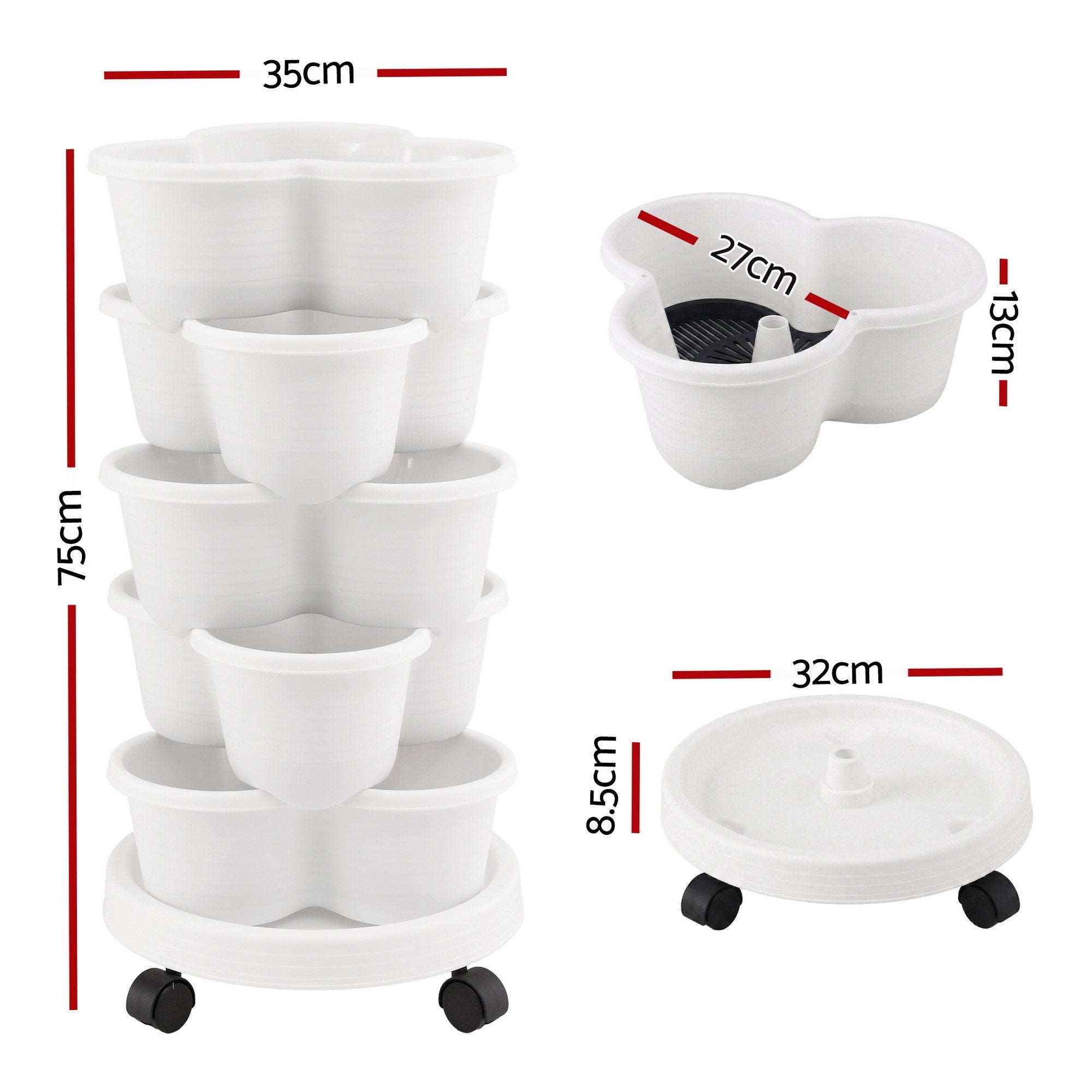 5 Tier Vertical Garden Planter, Stackable Planters with Wheels, White, Garden Bed, Garden Tower Indoor Outdoor, Auto Drainage System, for Strawberries, Herbs, Flowers, Vegetables - Home & Garden > Artificial Plants > Pots, Planters & Accessories - Rivercity House & Home Co. (ABN 18 642 972 209) - Affordable Modern Furniture Australia