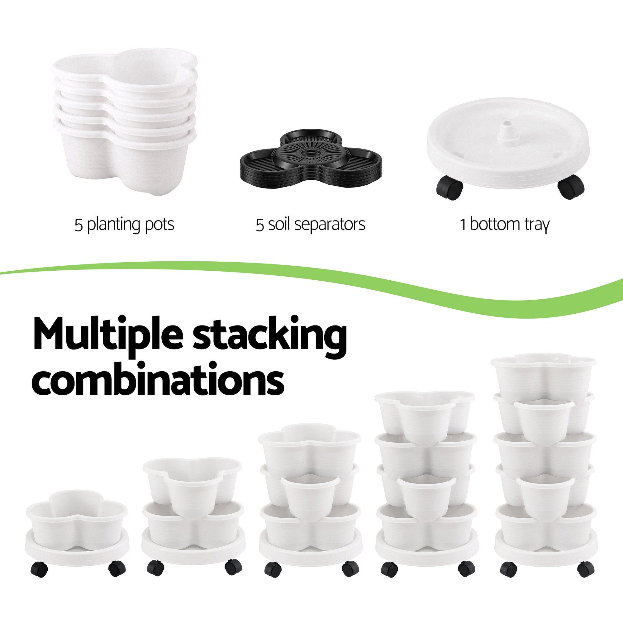 5 Tier Vertical Garden Planter, Stackable Planters with Wheels, White, Garden Bed, Garden Tower Indoor Outdoor, Auto Drainage System, for Strawberries, Herbs, Flowers, Vegetables - Home & Garden > Artificial Plants > Pots, Planters & Accessories - Rivercity House & Home Co. (ABN 18 642 972 209) - Affordable Modern Furniture Australia