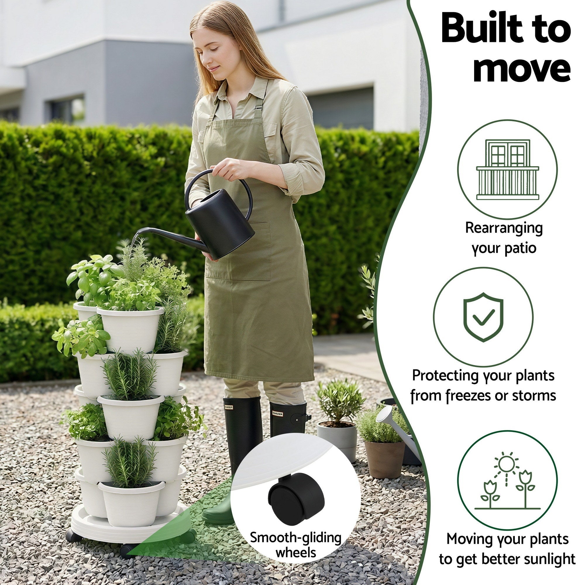 5 Tier Vertical Garden Planter, Stackable Planters with Wheels, White, Garden Bed, Garden Tower Indoor Outdoor, Auto Drainage System, for Strawberries, Herbs, Flowers, Vegetables - Home & Garden > Artificial Plants > Pots, Planters & Accessories - Rivercity House & Home Co. (ABN 18 642 972 209) - Affordable Modern Furniture Australia