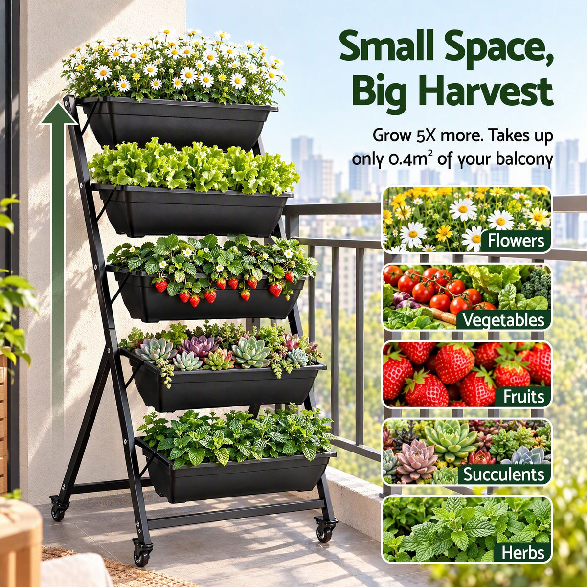 5 Tier Vertical Raised Garden Bed with Locking Wheels Mobile Planter Box - Black - Home & Garden > Garden Beds > Garden Beds & Planters - Rivercity House & Home Co. (ABN 18 642 972 209) - Affordable Modern Furniture Australia