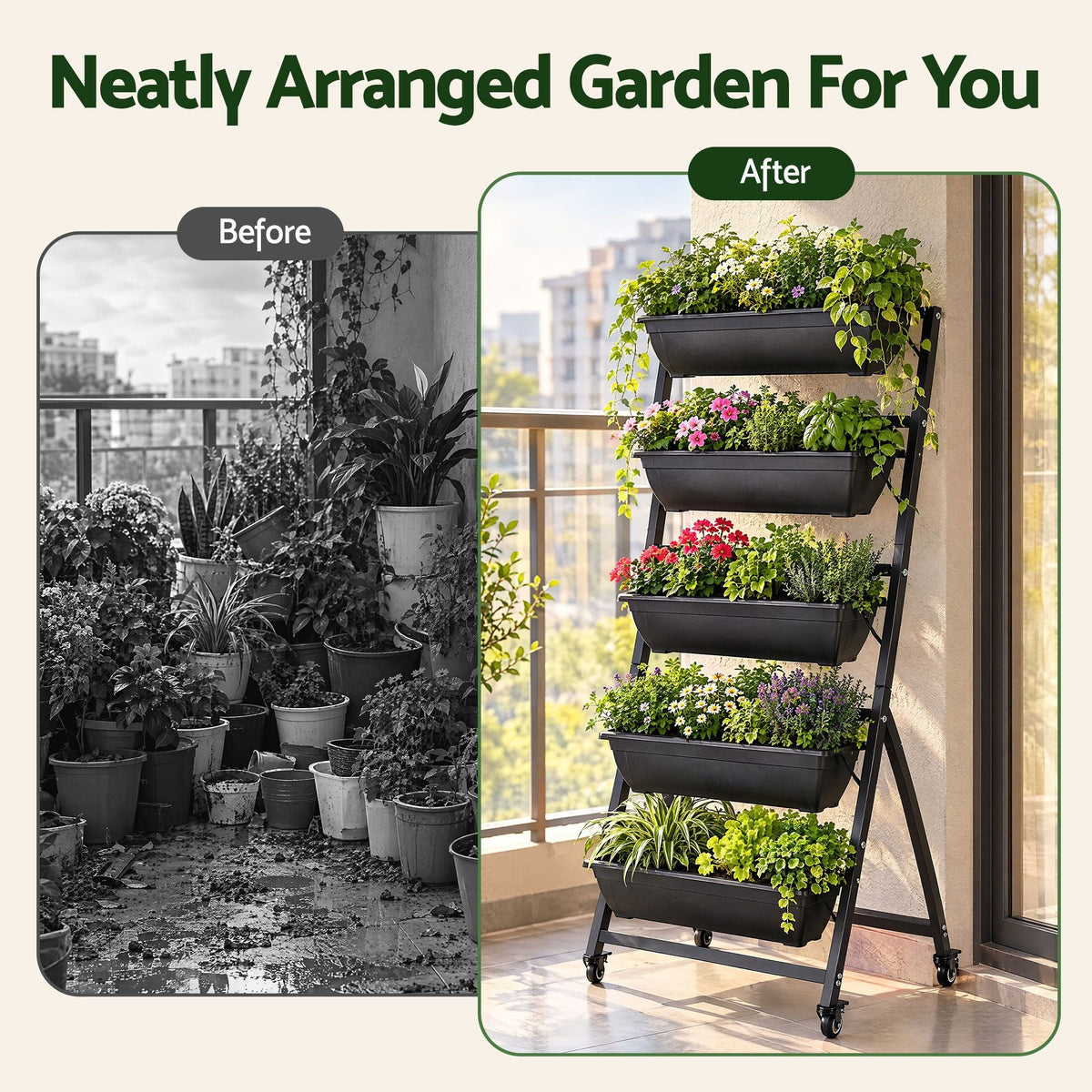 5 Tier Vertical Raised Garden Bed with Locking Wheels Mobile Planter Box - Black - Home & Garden > Garden Beds > Garden Beds & Planters - Rivercity House & Home Co. (ABN 18 642 972 209) - Affordable Modern Furniture Australia
