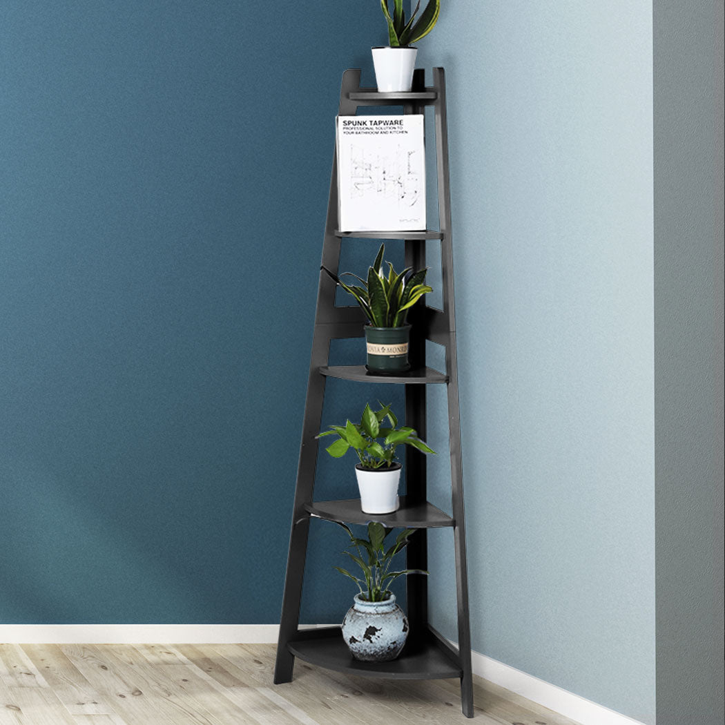 5 - Tier Wooden Corner Shelf Storage Unit - Black - Rivercity House & Home Co. (ABN 18 642 972 209) - Affordable Modern Furniture Australia