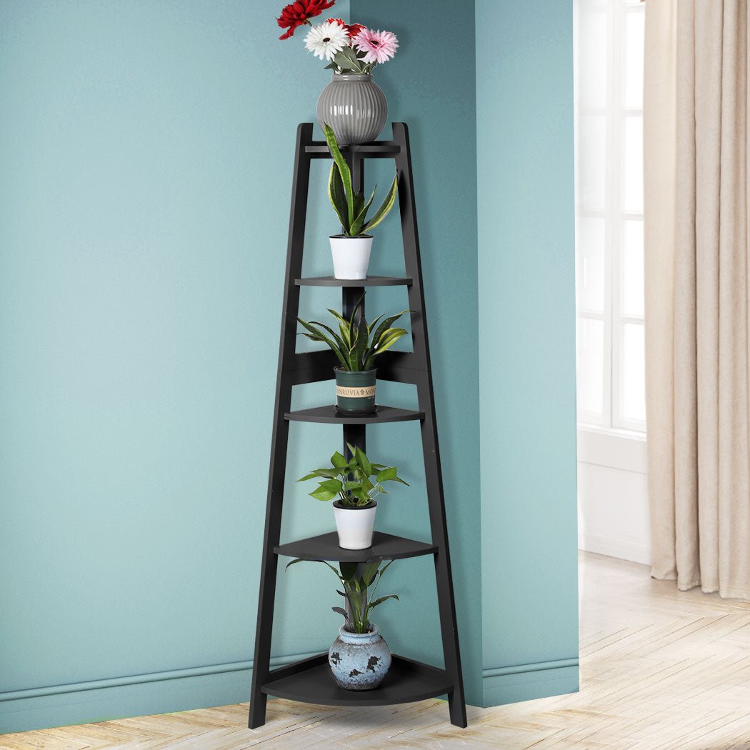 5 - Tier Wooden Corner Shelf Storage Unit - Black - Rivercity House & Home Co. (ABN 18 642 972 209) - Affordable Modern Furniture Australia