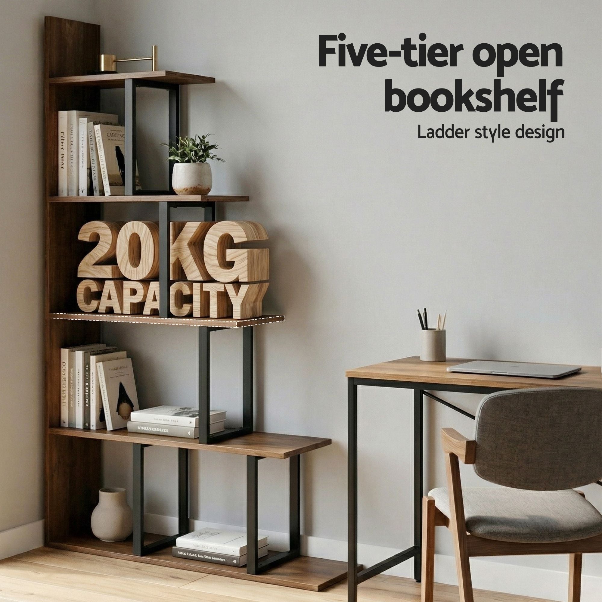 5 Tiers Bookshelf Ladder Corner Shelf Bookcase Walnut - Furniture > Living Room > Bookcases & Shelves - Rivercity House & Home Co. (ABN 18 642 972 209) - Affordable Modern Furniture Australia