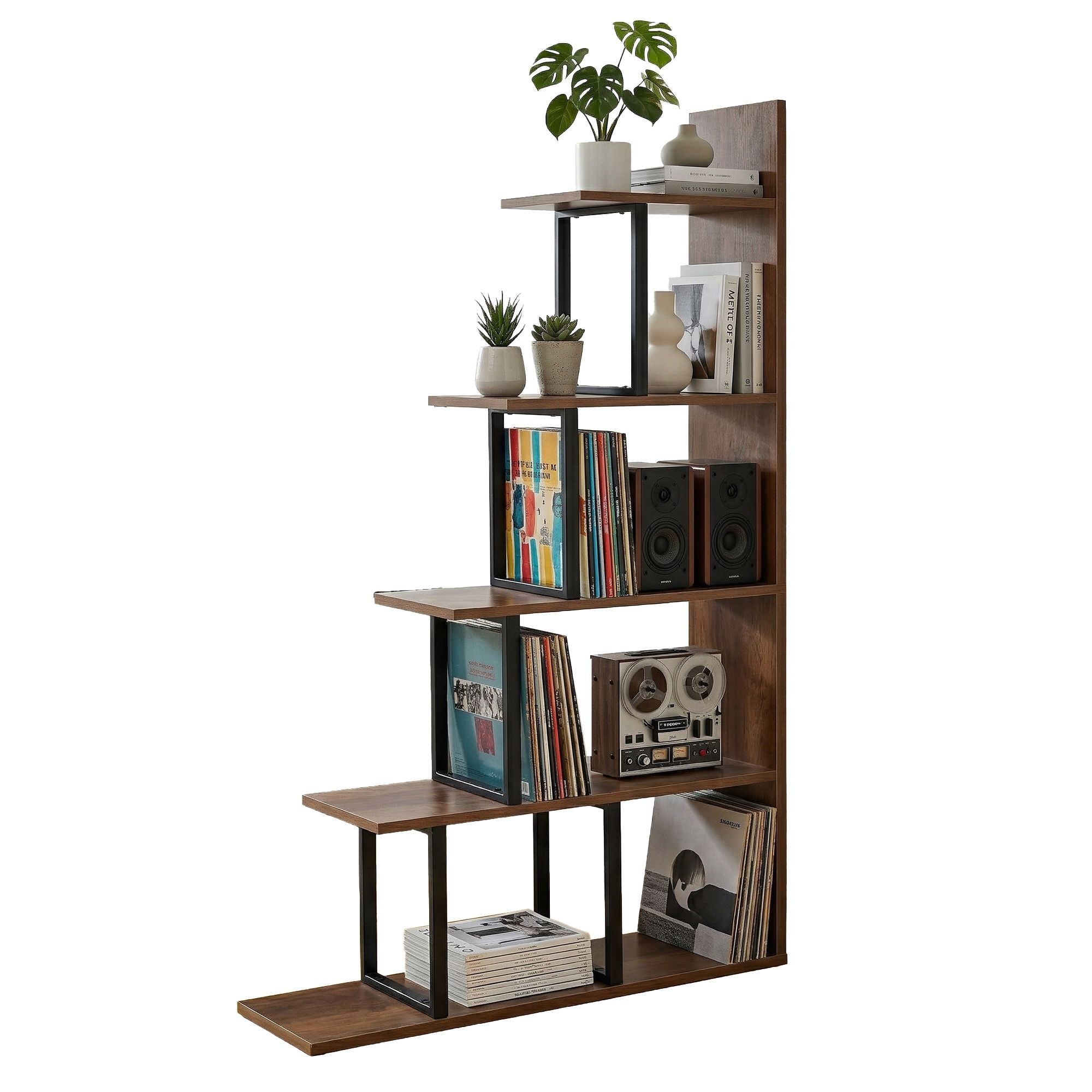 5 Tiers Bookshelf Ladder Corner Shelf Bookcase Walnut - Furniture > Living Room > Bookcases & Shelves - Rivercity House & Home Co. (ABN 18 642 972 209) - Affordable Modern Furniture Australia
