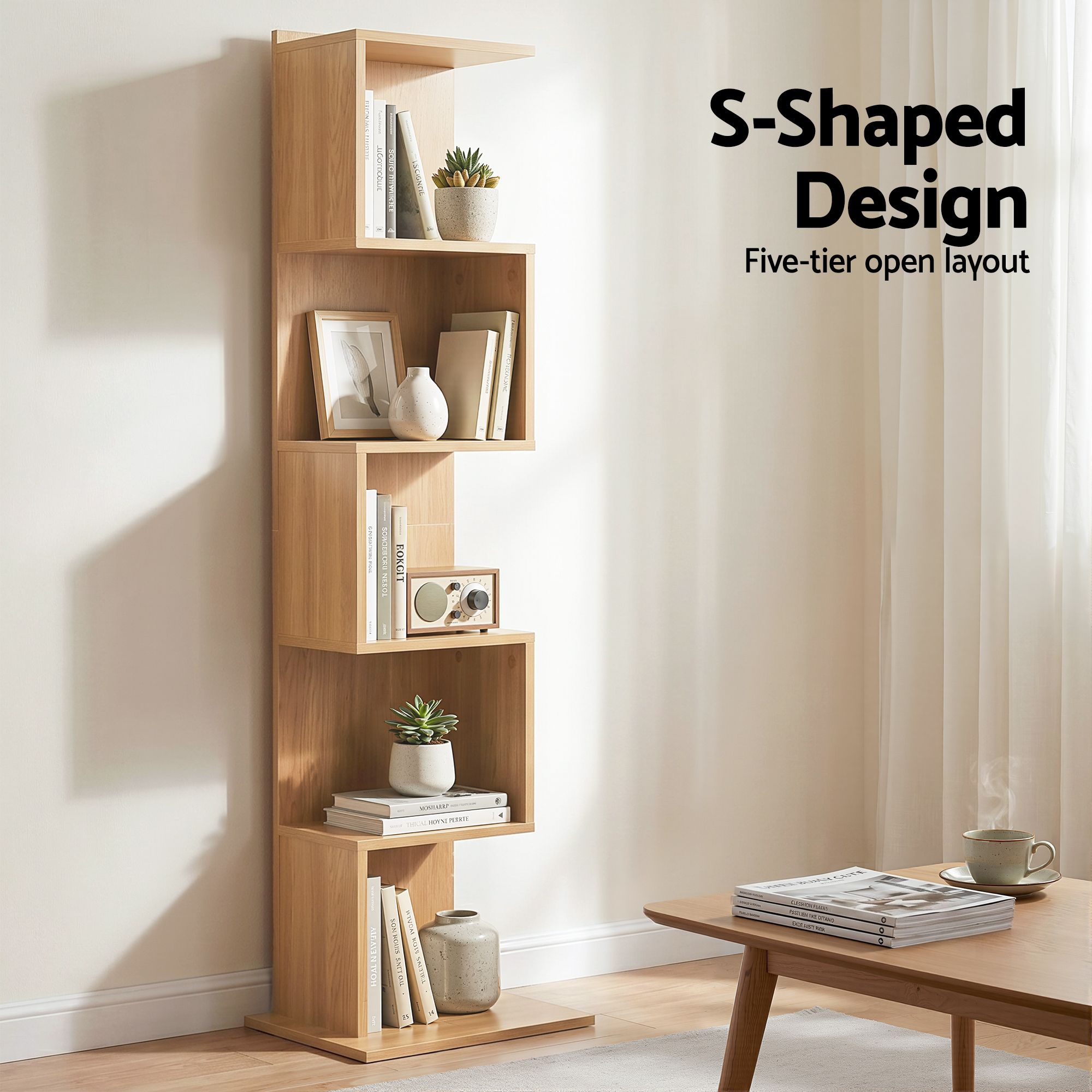 5 Tiers Bookshelf S - shaped Bookcase Oak - Furniture > Living Room > Bookcases & Shelves - Rivercity House & Home Co. (ABN 18 642 972 209) - Affordable Modern Furniture Australia