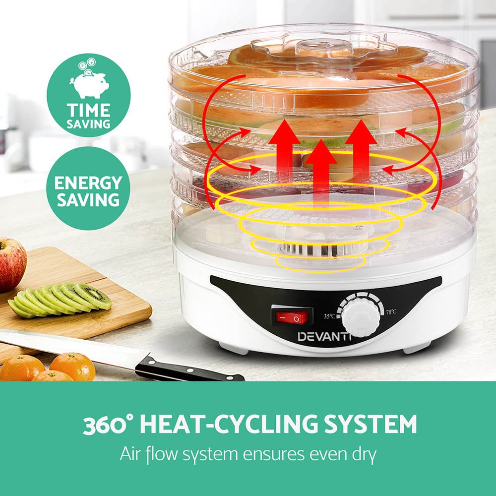 5 Trays Food Dehydrator Fruit Dehydrators Pet Beef Jerky Dryer White - Appliances > Kitchen Appliances > Food Dehydrators - Rivercity House & Home Co. (ABN 18 642 972 209) - Affordable Modern Furniture Australia
