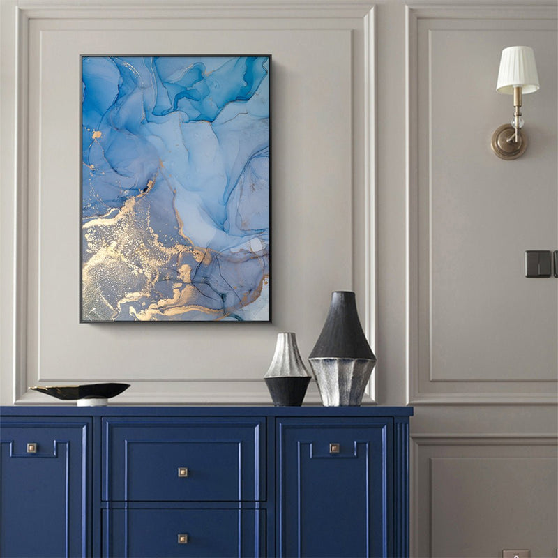 50cmx70cm Light Blue Marble With Gold Splash Black Frame Canvas Wall Art - Home & Garden > Wall Art - Rivercity House & Home Co. (ABN 18 642 972 209) - Affordable Modern Furniture Australia