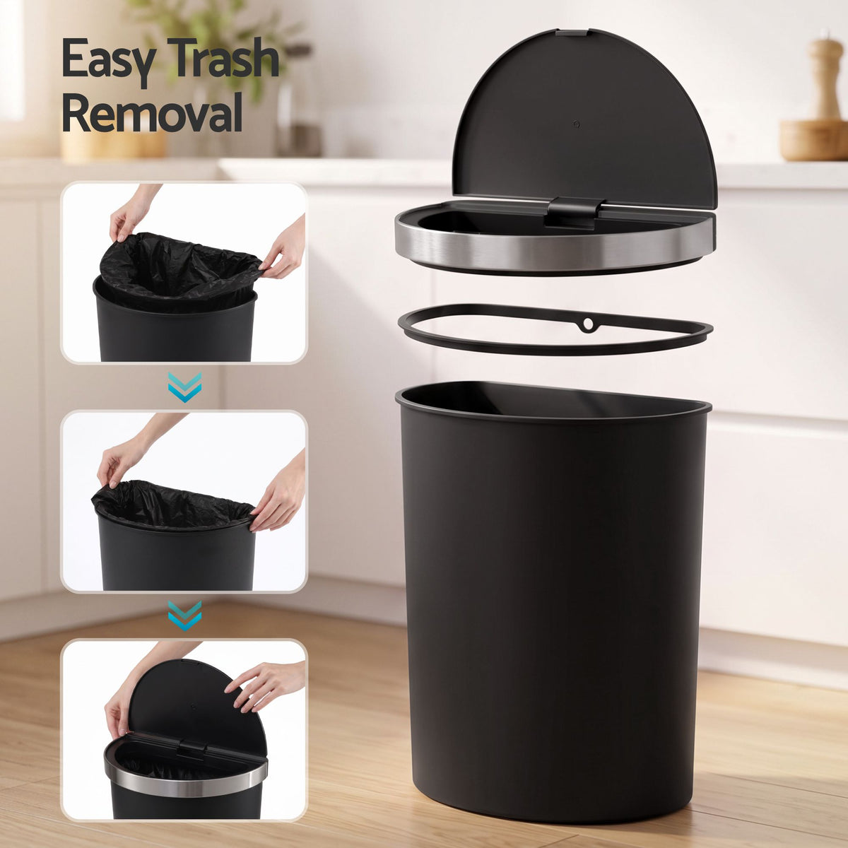 50L D-Shape Sensor Kitchen Bin with Motion Lid - Black - Home & Garden > Kitchen Bins > Automatic Bins - Rivercity House & Home Co. (ABN 18 642 972 209) - Affordable Modern Furniture Australia