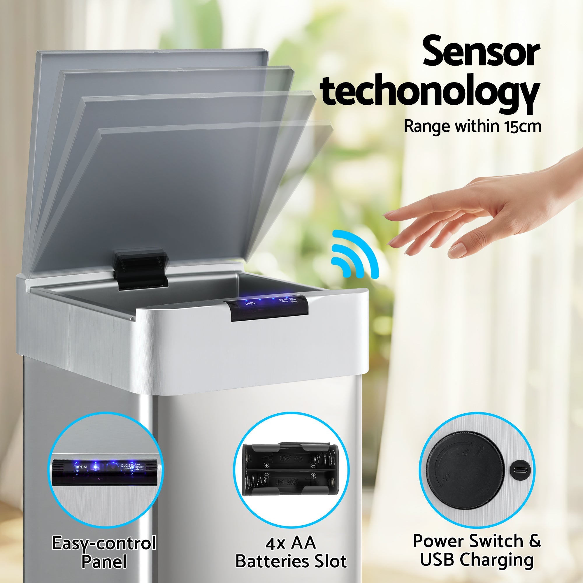 50L Motion Sensor Bin Rubbish Bins Kitchen Automatic Trash Can Silver - Home & Garden > Kitchen Bins > Automatic Bins - Rivercity House & Home Co. (ABN 18 642 972 209) - Affordable Modern Furniture Australia