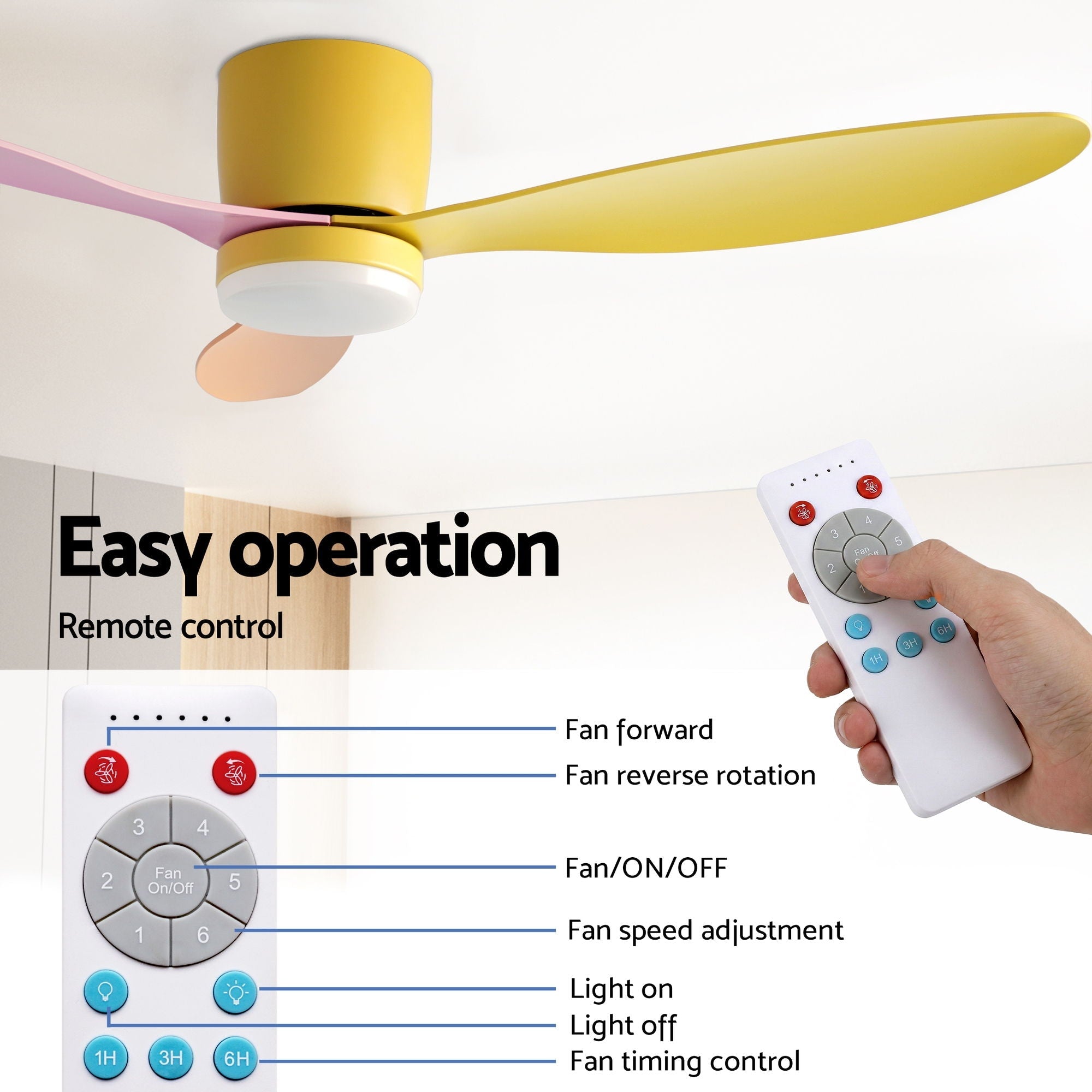 52'' Ceiling Fan 3 Blades DC Motor w/Light w/Remote Yellow Pink Orange - Appliances > Fans > Ceiling Fans - Rivercity House & Home Co. (ABN 18 642 972 209) - Affordable Modern Furniture Australia