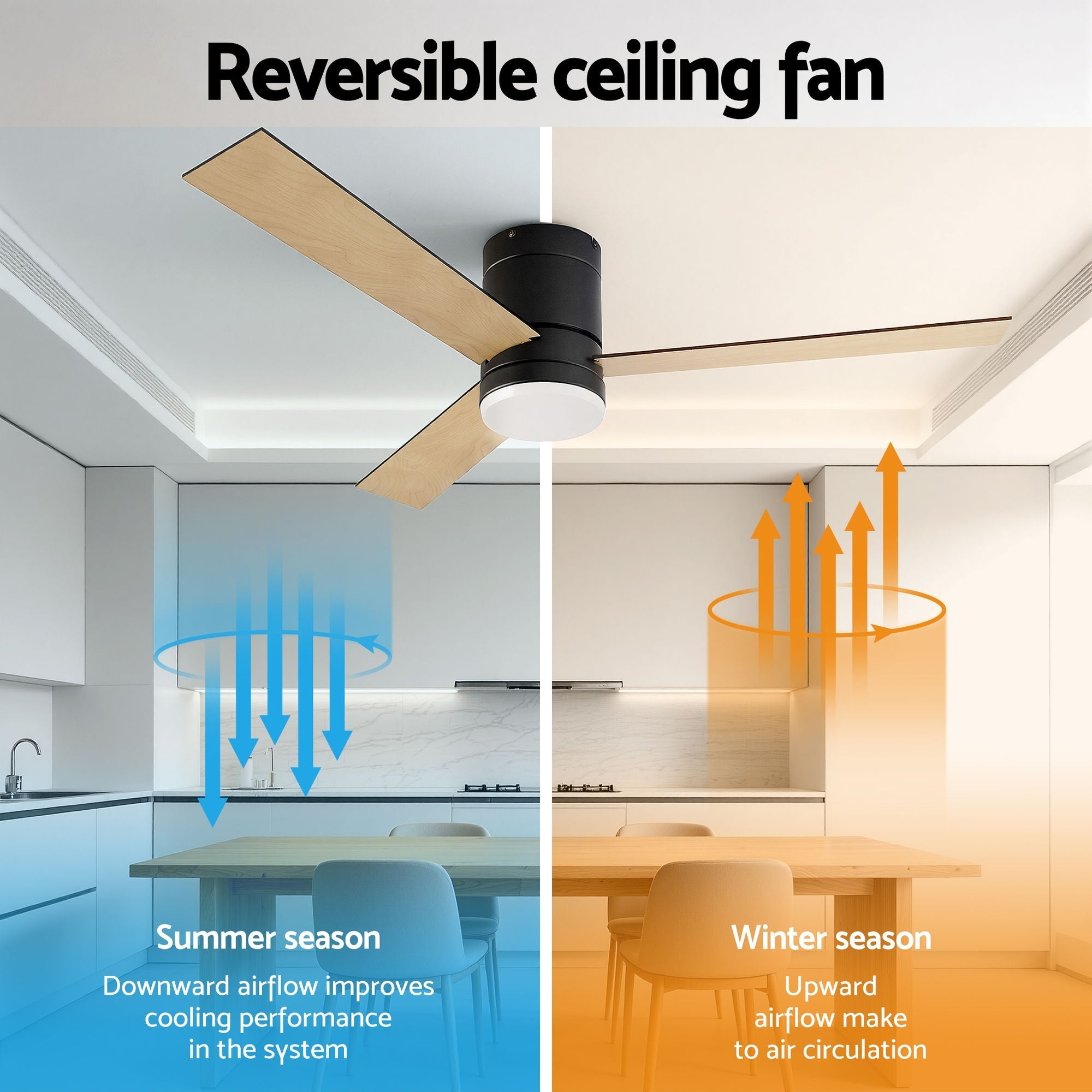 52'' Ceiling Fan 3 Blades Double - sided DC Motor w/Light w/Remote Light Wood and bLack - Appliances > Fans > Ceiling Fans - Rivercity House & Home Co. (ABN 18 642 972 209) - Affordable Modern Furniture Australia