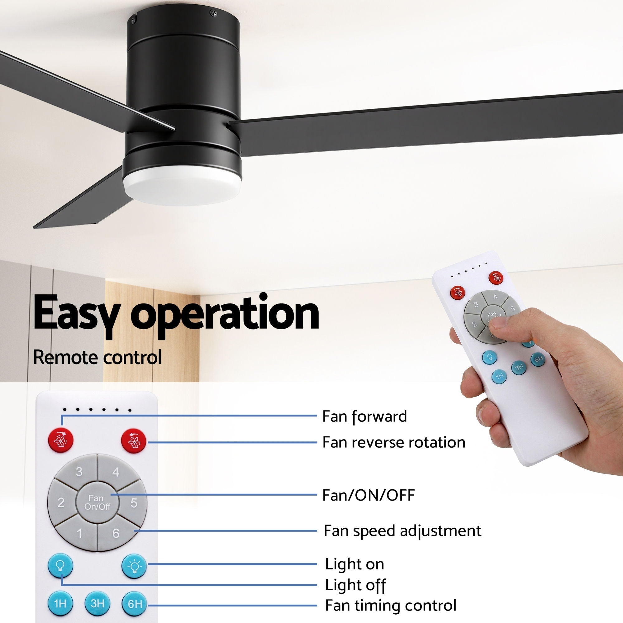 52'' Ceiling Fan 3 Blades Double - sided DC Motor w/Light w/Remote Light Wood and bLack - Appliances > Fans > Ceiling Fans - Rivercity House & Home Co. (ABN 18 642 972 209) - Affordable Modern Furniture Australia