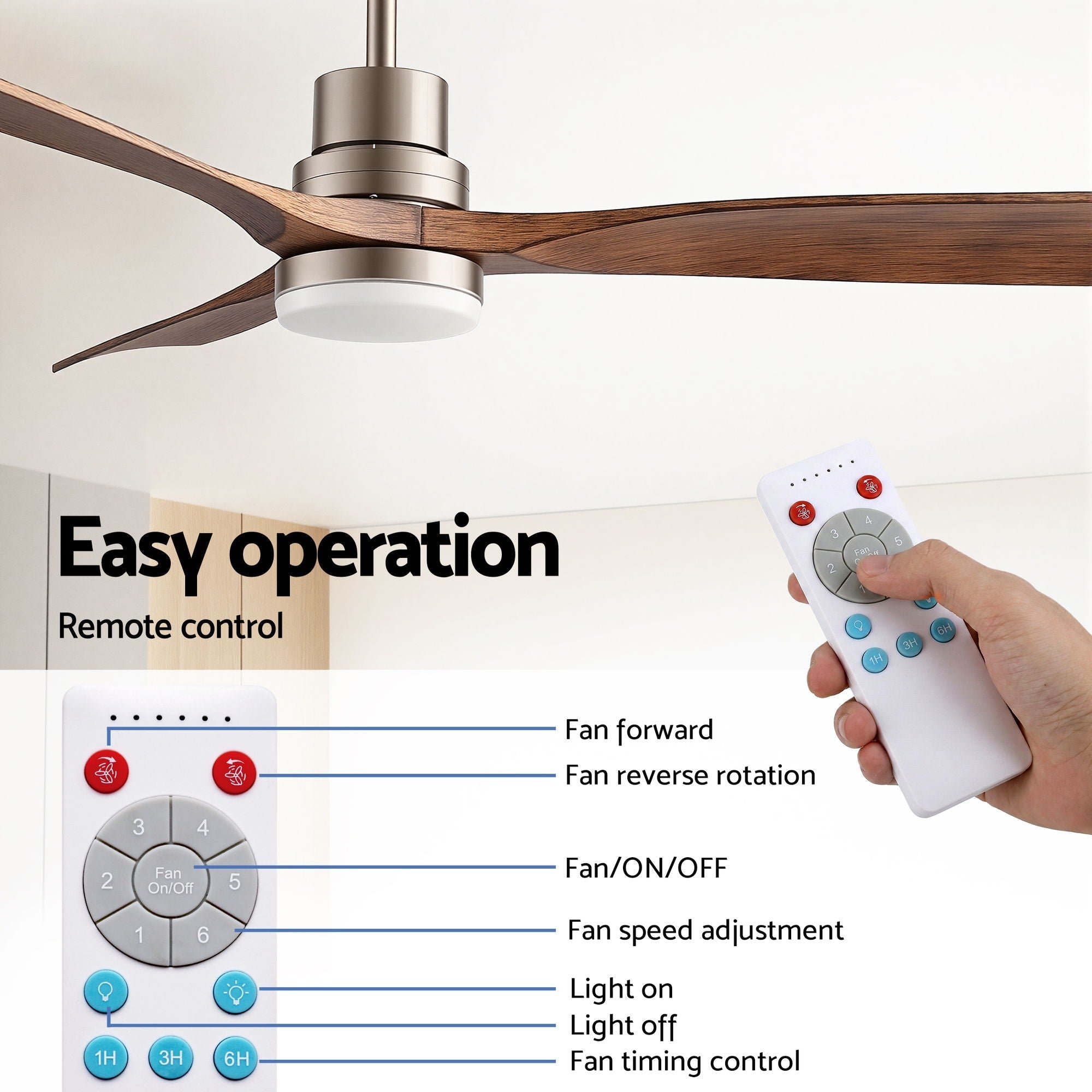 52" Ceiling Fan with Light Remote Control DC Motor Smart App Timber Blades Brown - Appliances > Fans > Ceiling Fans - Rivercity House & Home Co. (ABN 18 642 972 209) - Affordable Modern Furniture Australia