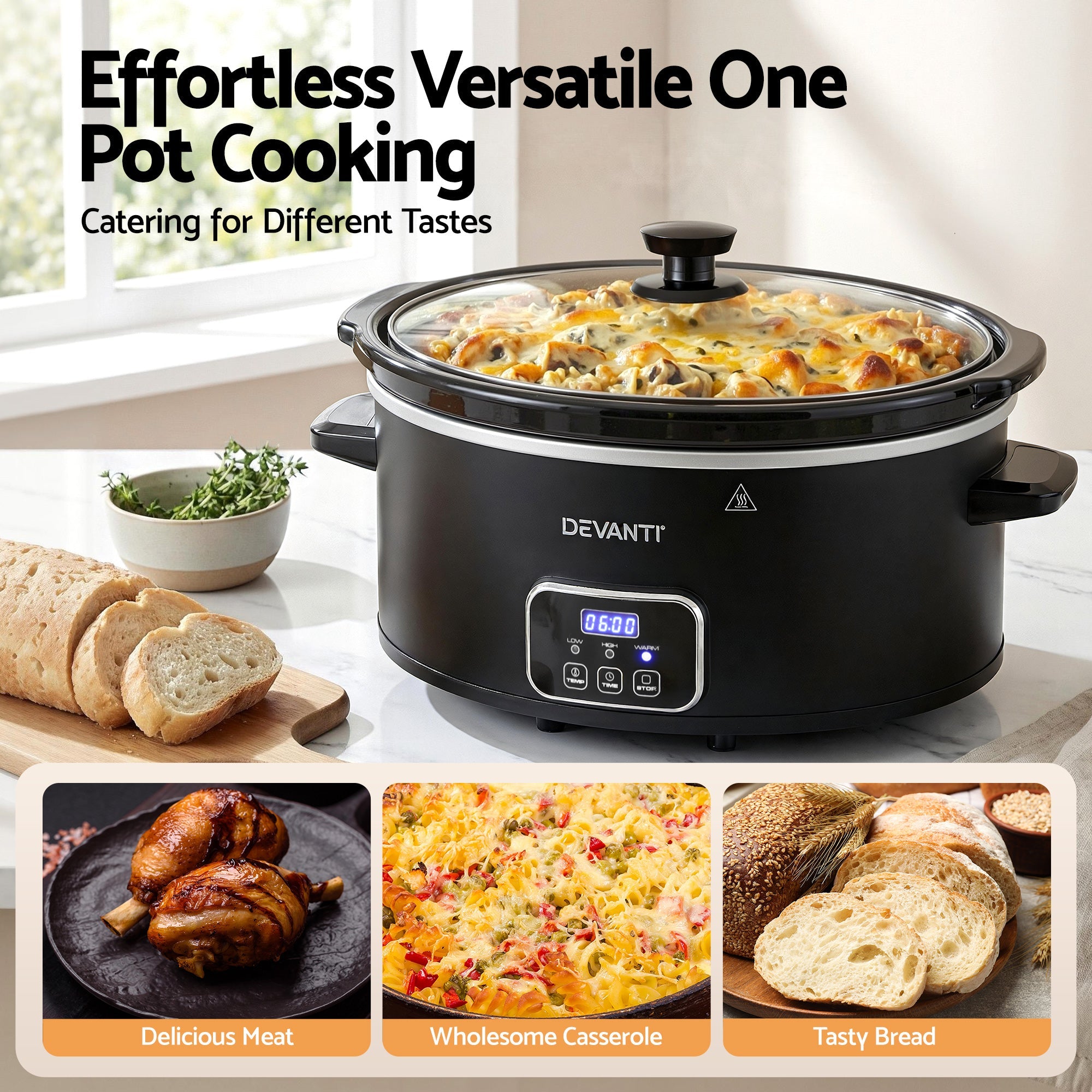 5.6L Electric Slow Cooker Multi Cooker with 3 Heat Settings and Keep Warm - Black - Appliances > Kitchen Appliances > Rice Cookers & Steamers - Rivercity House & Home Co. (ABN 18 642 972 209) - Affordable Modern Furniture Australia