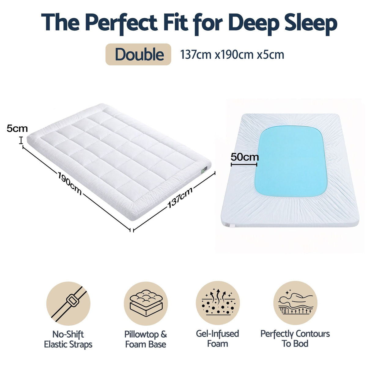 5cm Double Memory Foam Mattress Topper Pillow Top with Gel Foam - Furniture > Mattresses > Mattress Toppers - Rivercity House & Home Co. (ABN 18 642 972 209) - Affordable Modern Furniture Australia