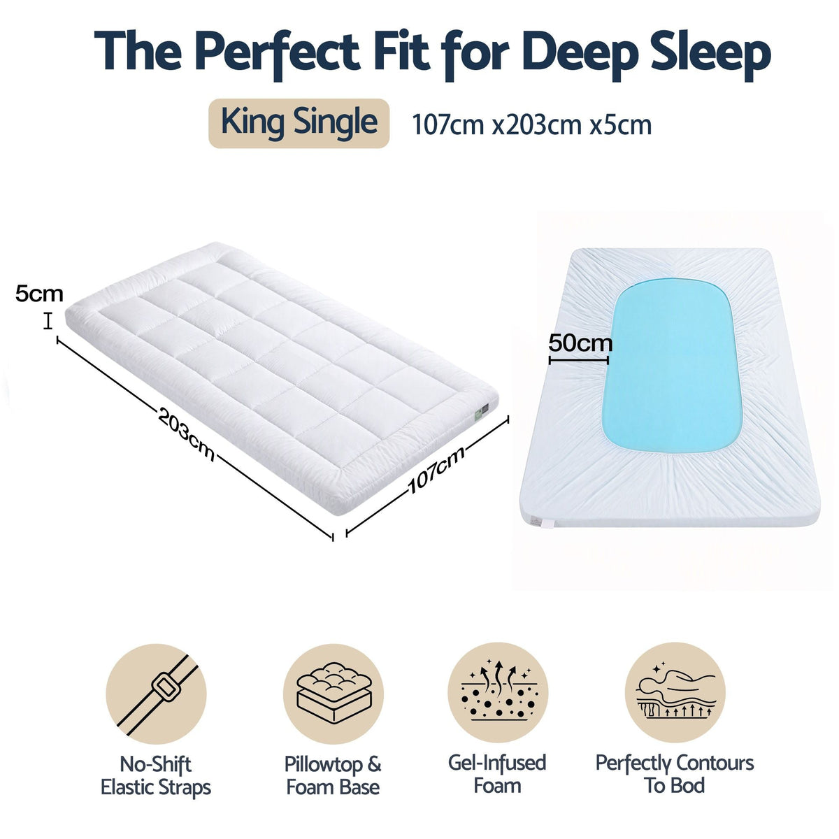 5cm King Single Memory Foam Mattress Topper Pillow Top with Gel Foam - Furniture > Mattresses > Mattress Toppers - Rivercity House & Home Co. (ABN 18 642 972 209) - Affordable Modern Furniture Australia