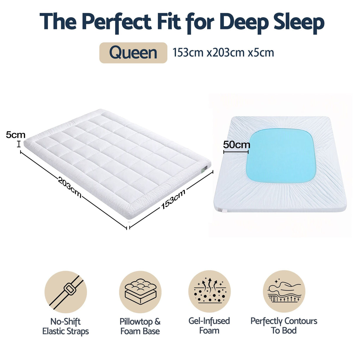 5cm Queen Memory Foam Mattress Topper Pillow Top with Gel Foam - Furniture > Mattresses > Mattress Toppers - Rivercity House & Home Co. (ABN 18 642 972 209) - Affordable Modern Furniture Australia