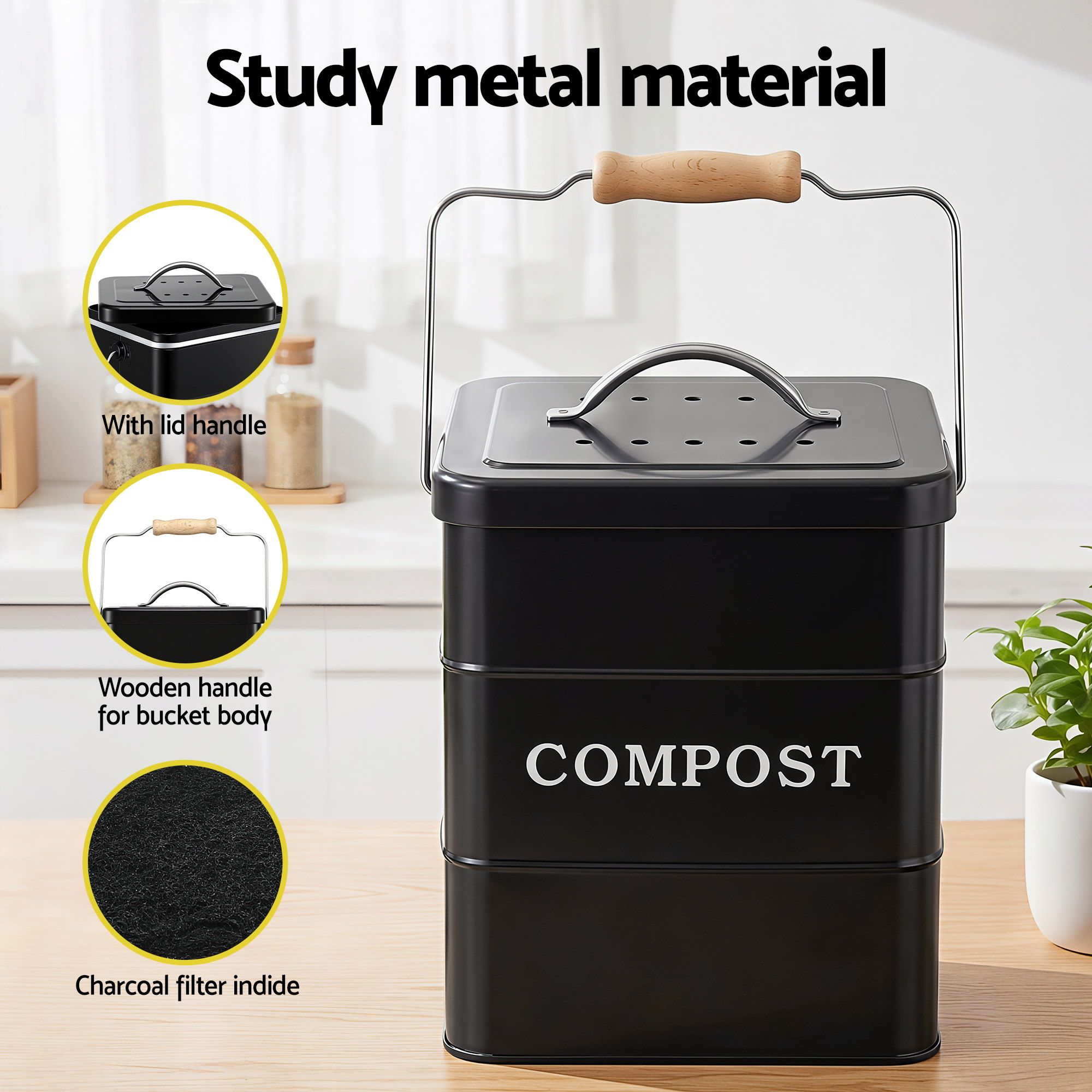 5L Compost Bin Kitchen Countertop Food Waste Caddy Black - Home & Garden > Garden Tools > Gardening Accessories - Rivercity House & Home Co. (ABN 18 642 972 209) - Affordable Modern Furniture Australia