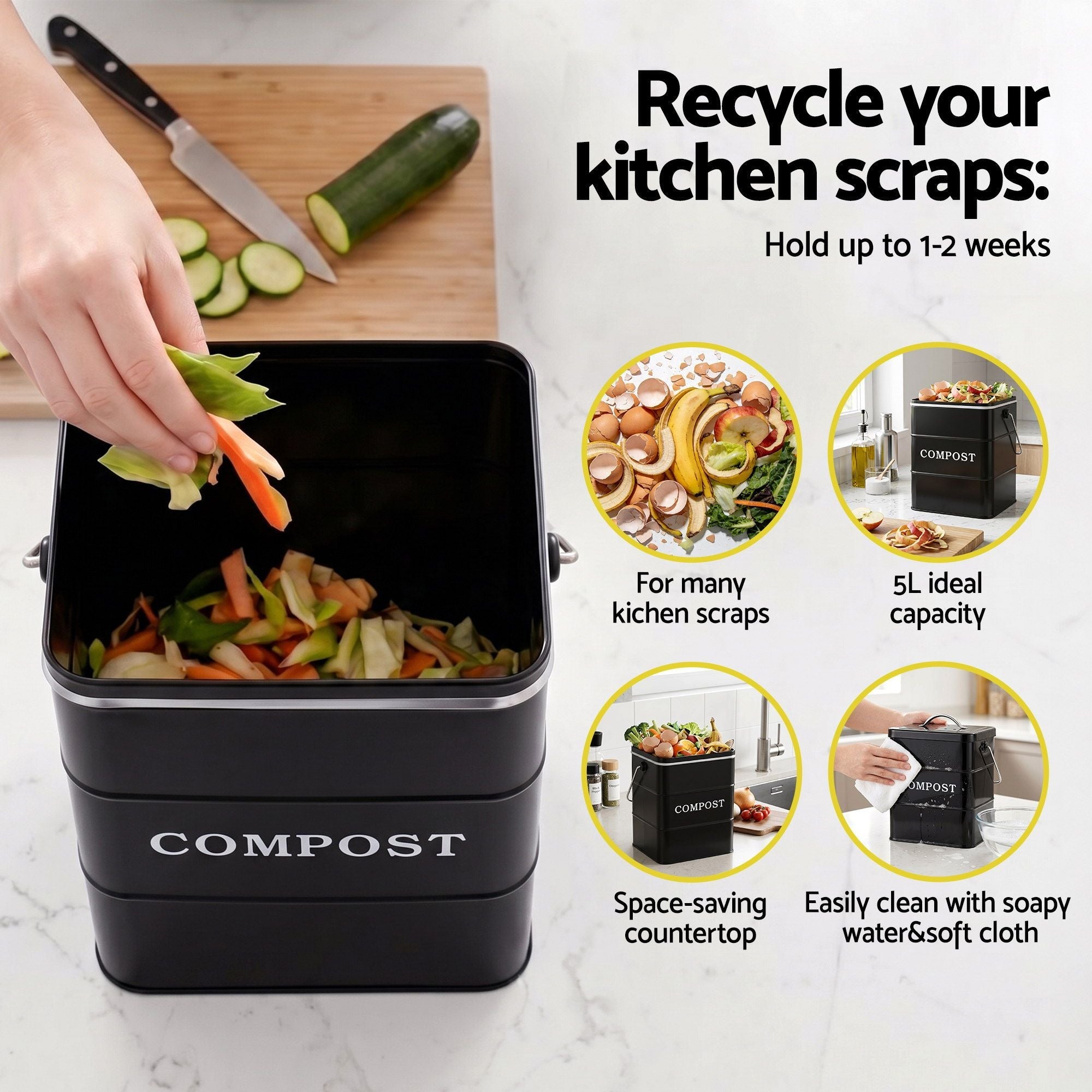 5L Compost Bin Kitchen Countertop Food Waste Caddy Black - Home & Garden > Garden Tools > Gardening Accessories - Rivercity House & Home Co. (ABN 18 642 972 209) - Affordable Modern Furniture Australia