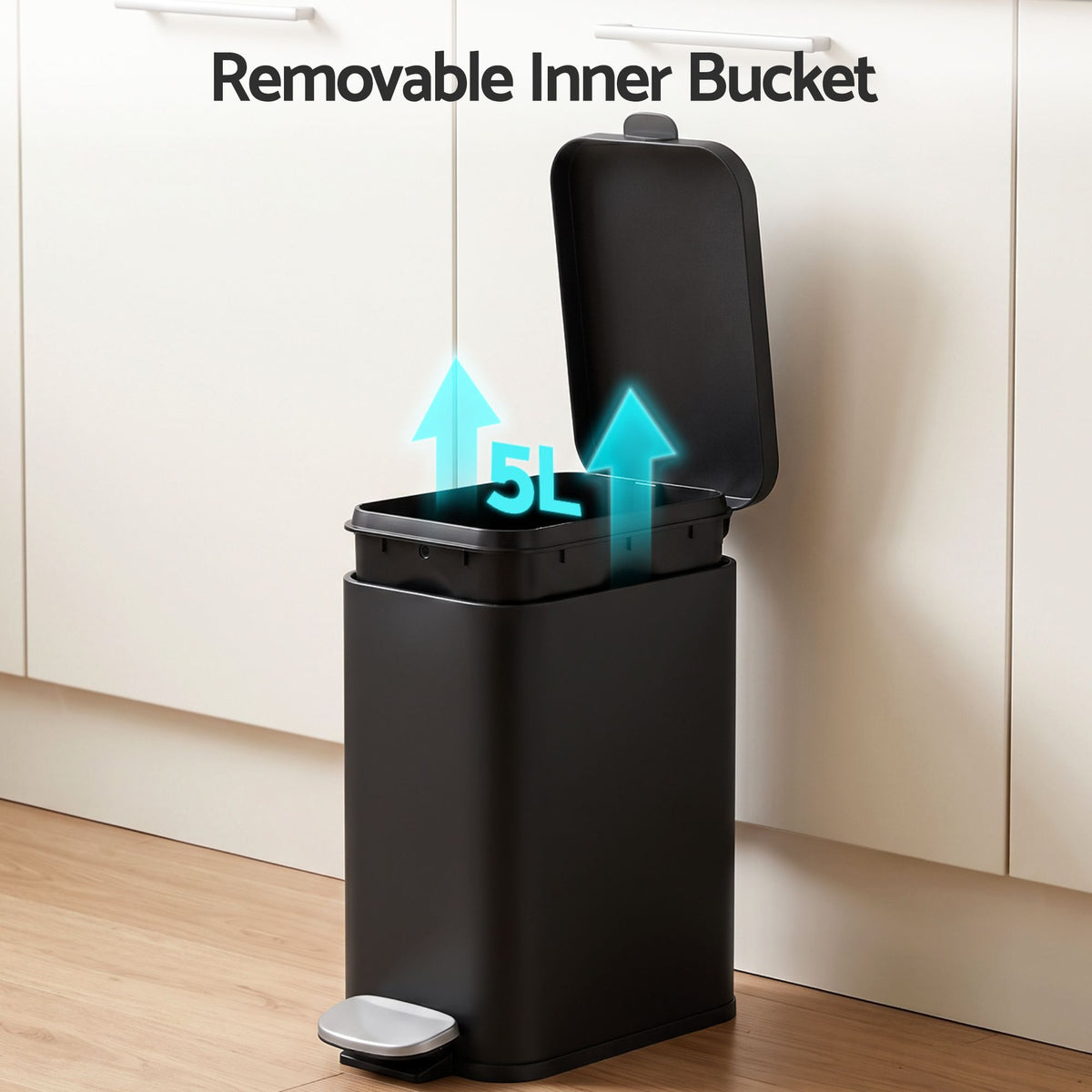 5L Rectangular Pedal Rubbish Bin with Removable Bucket - Black - Home & Garden > Kitchen Bins > Pedal Bins - Rivercity House & Home Co. (ABN 18 642 972 209) - Affordable Modern Furniture Australia