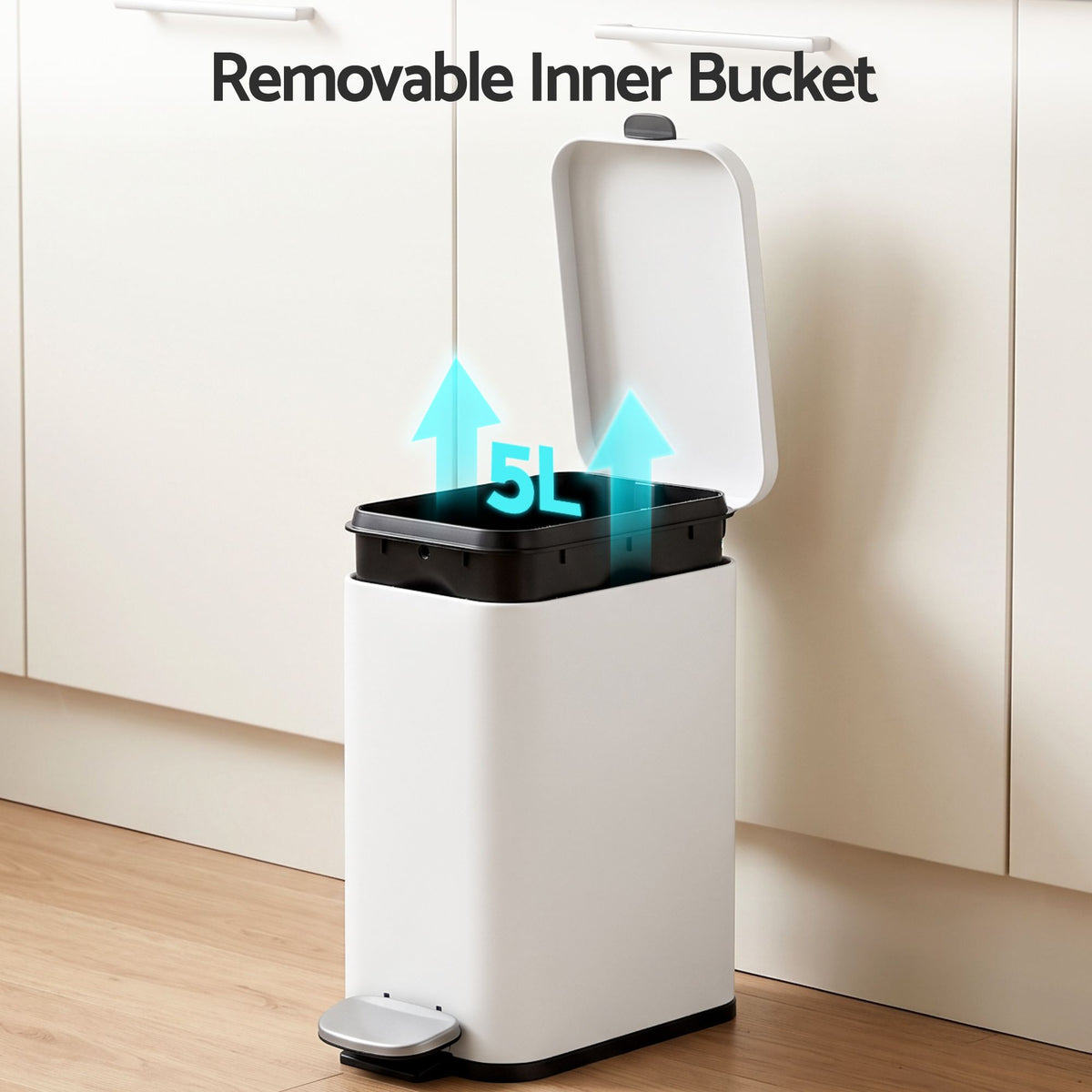 5L Rectangular Pedal Rubbish Bin with Removable Bucket - White - Home & Garden > Kitchen Bins > Pedal Bins - Rivercity House & Home Co. (ABN 18 642 972 209) - Affordable Modern Furniture Australia