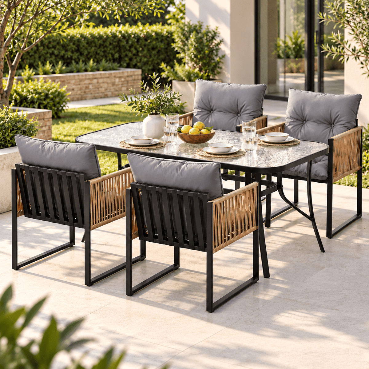 5PC Outdoor Dining Set with 140CM Tempered Glass Table and Cushioned Wicker Chairs - Black - Furniture > Outdoor > Outdoor Dining Sets - Rivercity House & Home Co. (ABN 18 642 972 209) - Affordable Modern Furniture Australia