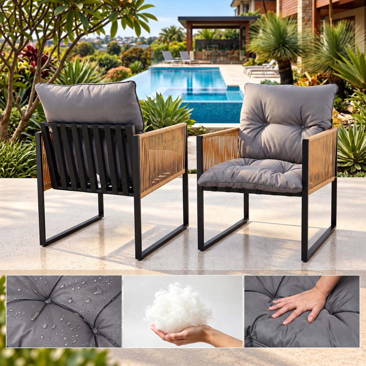 5PC Outdoor Dining Set with 140CM Tempered Glass Table and Cushioned Wicker Chairs - Black - Furniture > Outdoor > Outdoor Dining Sets - Rivercity House & Home Co. (ABN 18 642 972 209) - Affordable Modern Furniture Australia