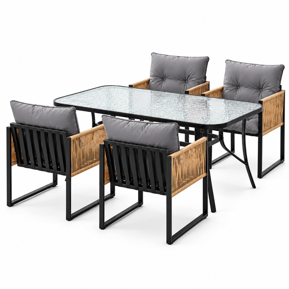 5PC Outdoor Dining Set with 140CM Tempered Glass Table and Cushioned Wicker Chairs - Black - Furniture > Outdoor > Outdoor Dining Sets - Rivercity House & Home Co. (ABN 18 642 972 209) - Affordable Modern Furniture Australia