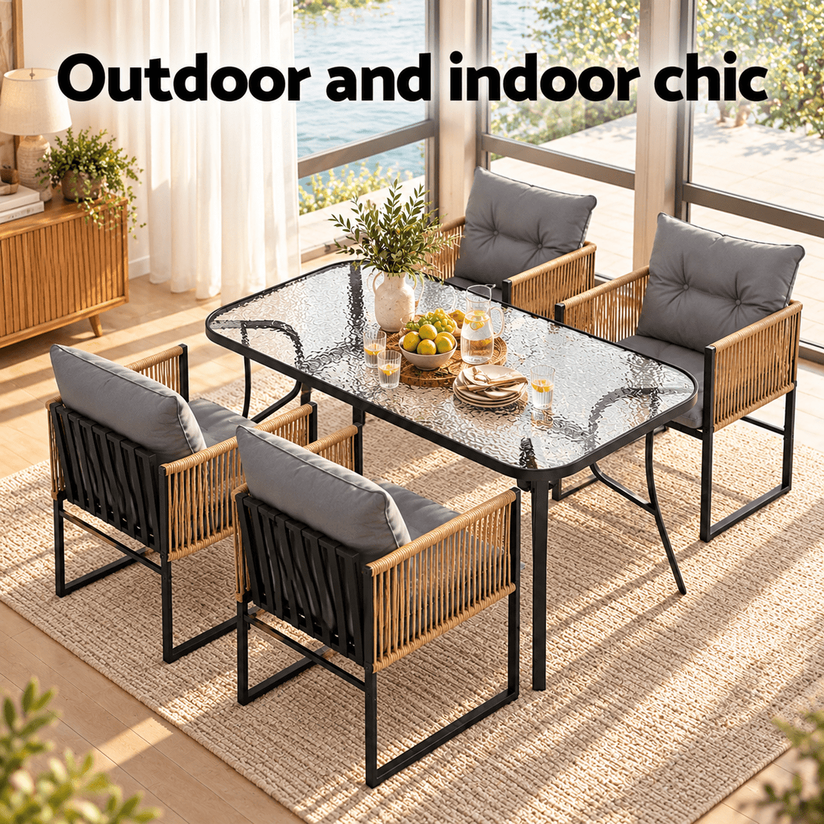 5PC Outdoor Dining Set with 140CM Tempered Glass Table and Cushioned Wicker Chairs - Black - Furniture > Outdoor > Outdoor Dining Sets - Rivercity House & Home Co. (ABN 18 642 972 209) - Affordable Modern Furniture Australia