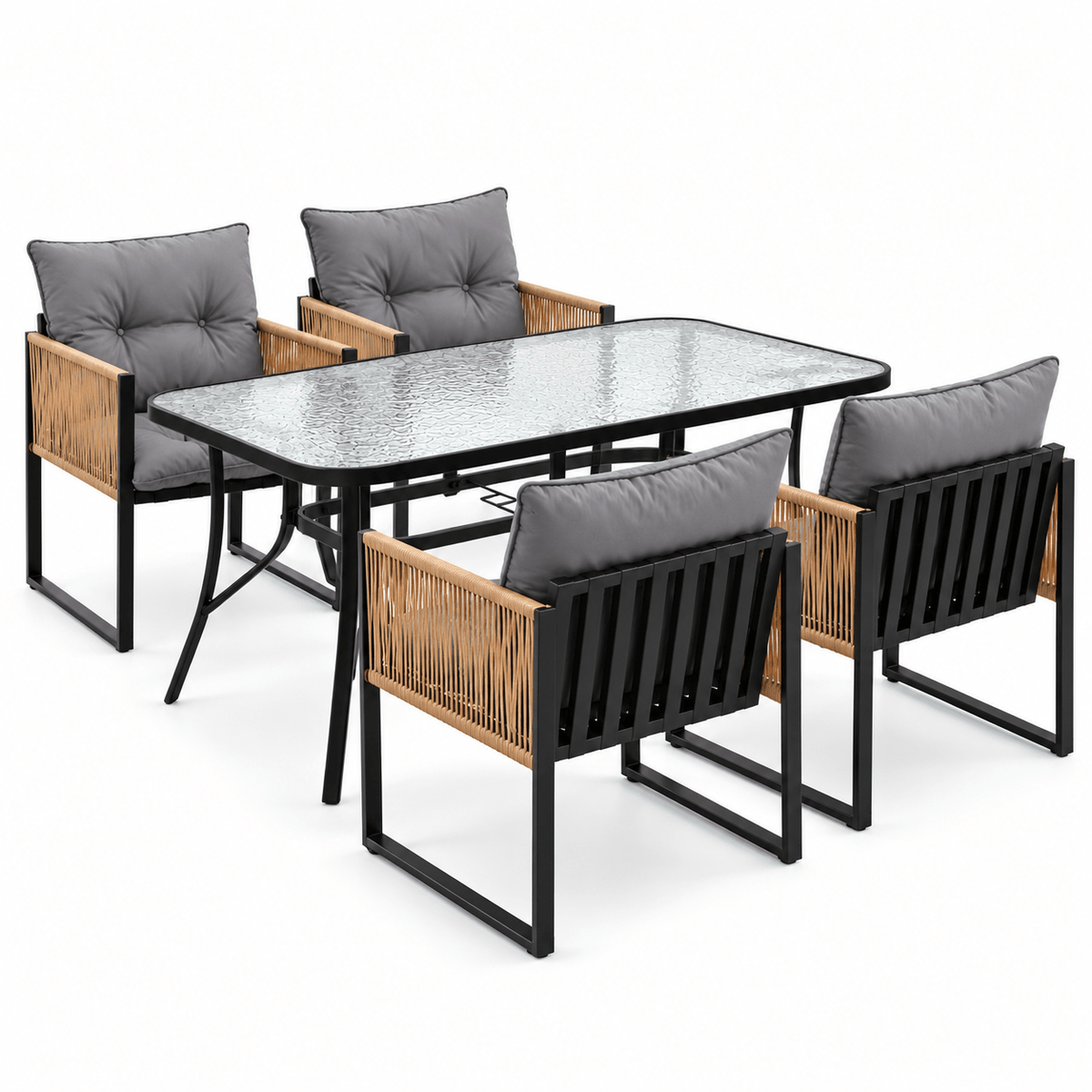 5PC Outdoor Dining Set with 140CM Tempered Glass Table and Cushioned Wicker Chairs - Black - Furniture > Outdoor > Outdoor Dining Sets - Rivercity House & Home Co. (ABN 18 642 972 209) - Affordable Modern Furniture Australia