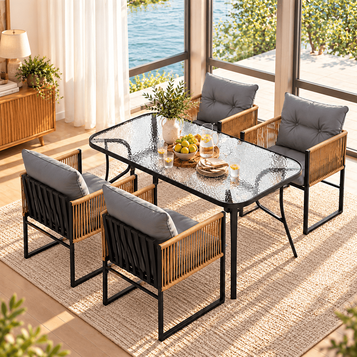 5PC Outdoor Dining Set with 140CM Tempered Glass Table and Cushioned Wicker Chairs - Black - Furniture > Outdoor > Outdoor Dining Sets - Rivercity House & Home Co. (ABN 18 642 972 209) - Affordable Modern Furniture Australia