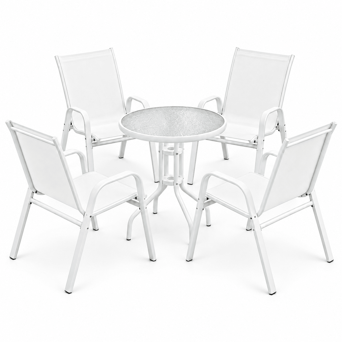 5PC Stackable Outdoor Bistro Table and Chairs Set with Tempered Glass Tabletop - White - Furniture > Outdoor > Outdoor Dining Sets - Rivercity House & Home Co. (ABN 18 642 972 209) - Affordable Modern Furniture Australia
