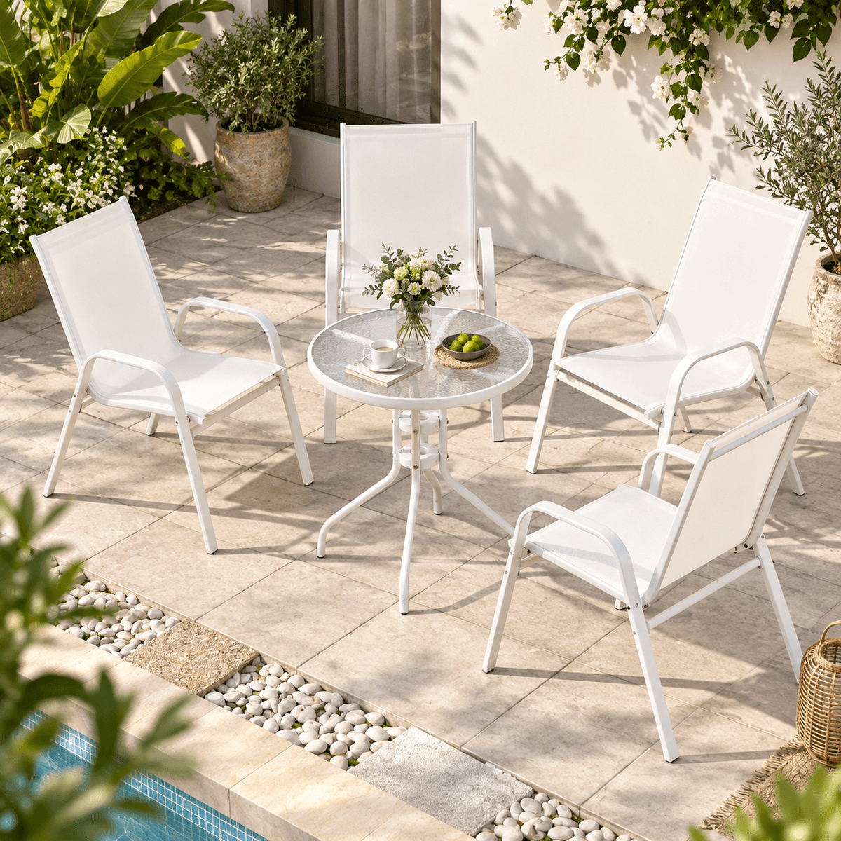 5PC Stackable Outdoor Bistro Table and Chairs Set with Tempered Glass Tabletop - White - Furniture > Outdoor > Outdoor Dining Sets - Rivercity House & Home Co. (ABN 18 642 972 209) - Affordable Modern Furniture Australia